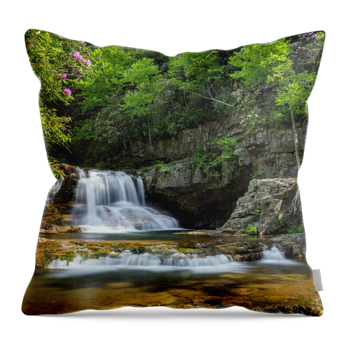 Spring Throw Pillow featuring the photograph Saint Mary's Falls Among the Rododendrons by Karen Jorstad