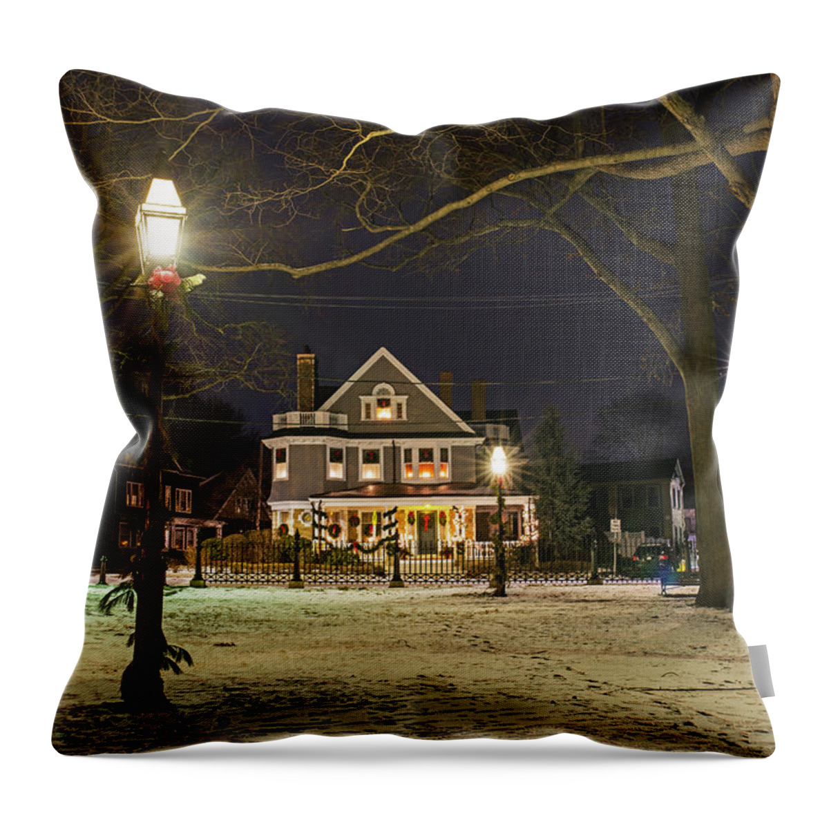 Salem Throw Pillow featuring the photograph Salem Commons Winter Snow at Christmas Salem MA by Toby McGuire