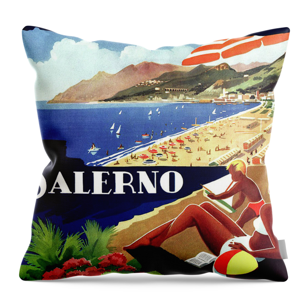 Salerno Throw Pillow featuring the painting Salerno beach, Italy, vintage travel poster by Long Shot