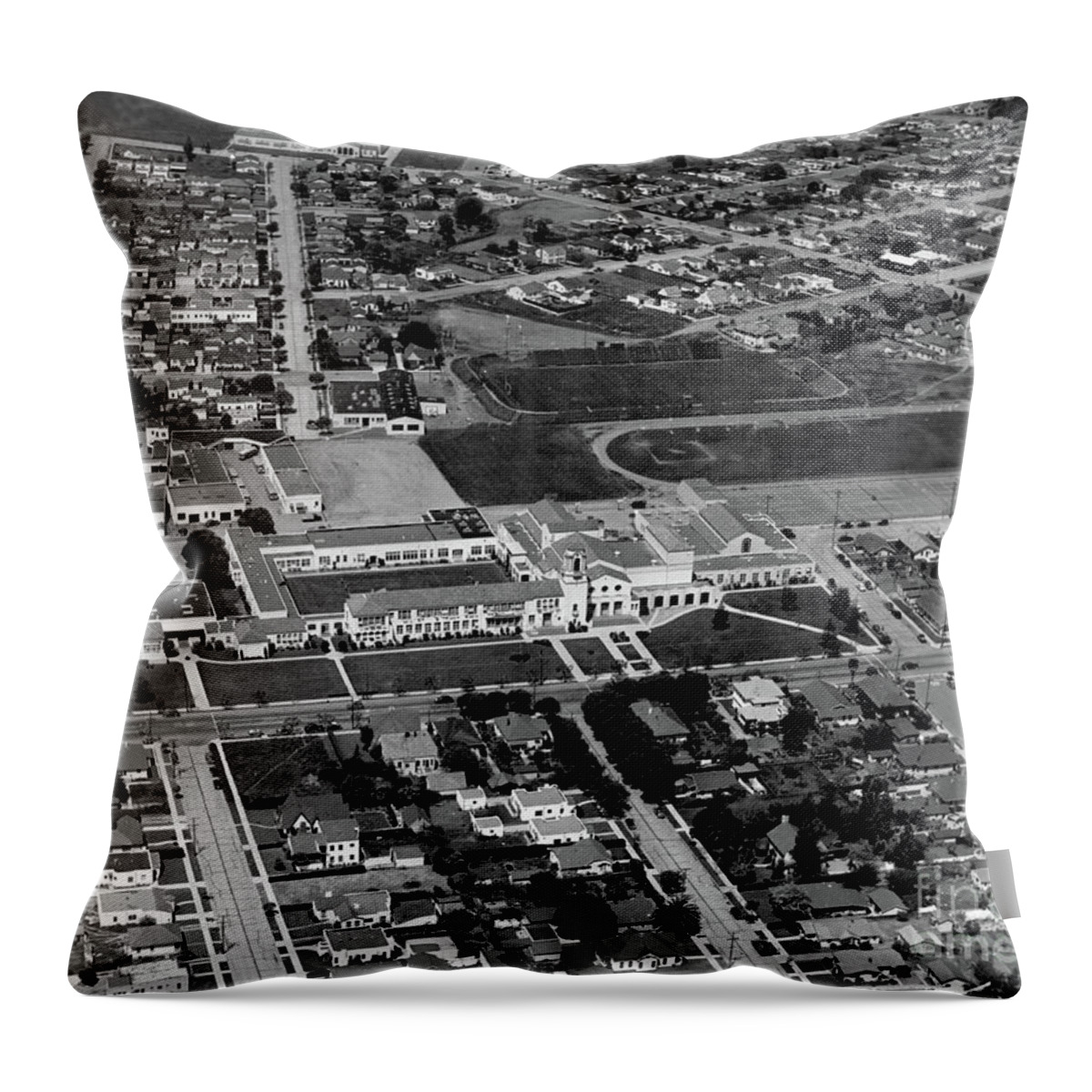 Salinas High School Throw Pillow featuring the photograph Salinas High School 726 S. Main Street, Salinas Circa 1950 by Monterey County Historical Society