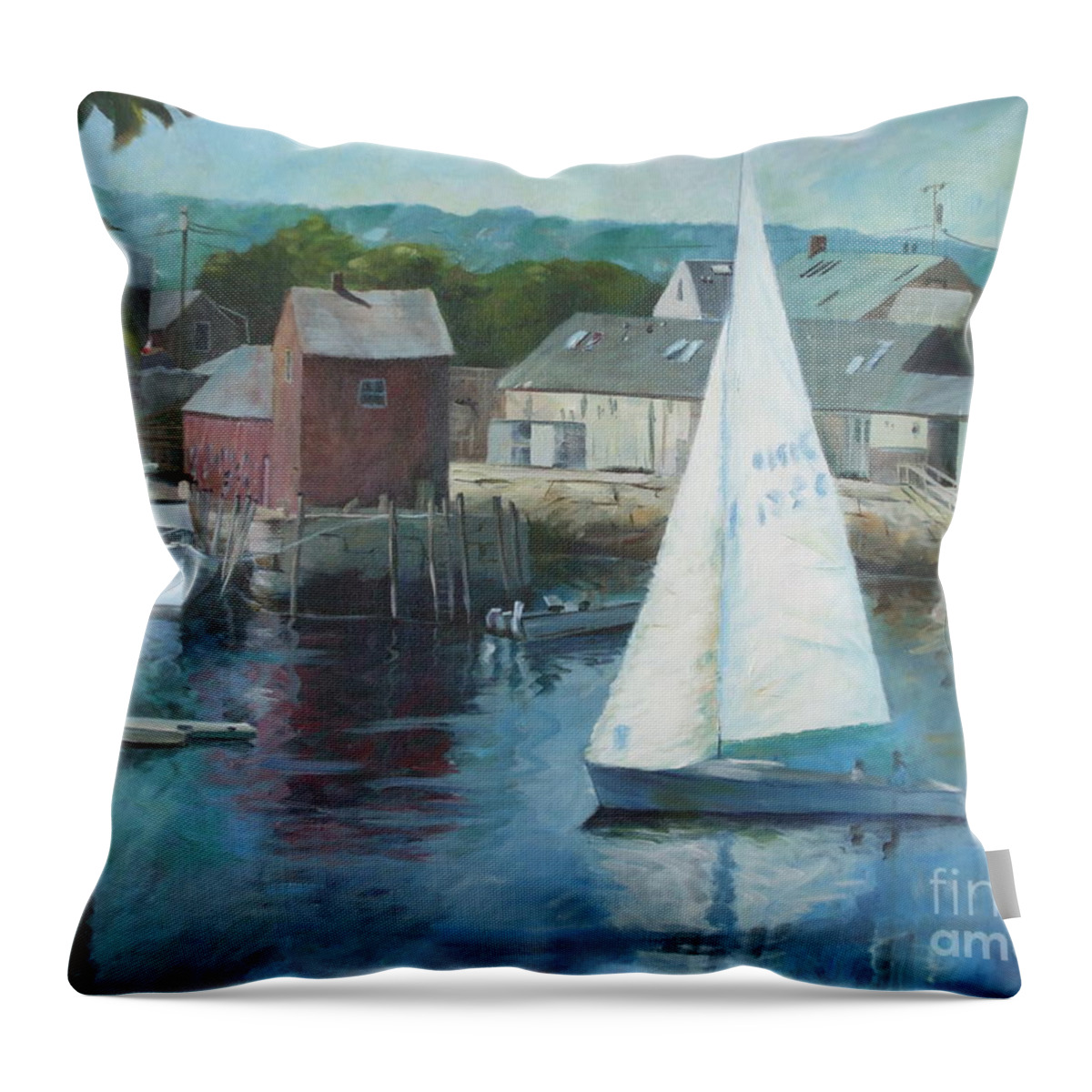 Red Throw Pillow featuring the painting Saling In Rockport MA by Claire Gagnon