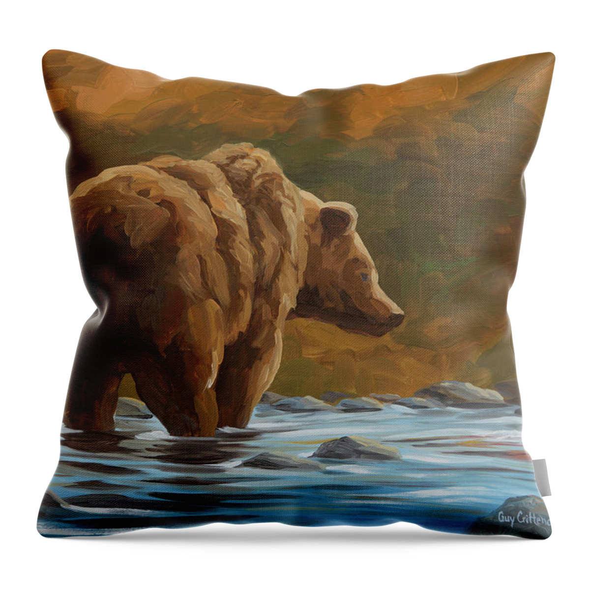 Grizzly Bear Throw Pillow featuring the painting Salmon Run by Guy Crittenden