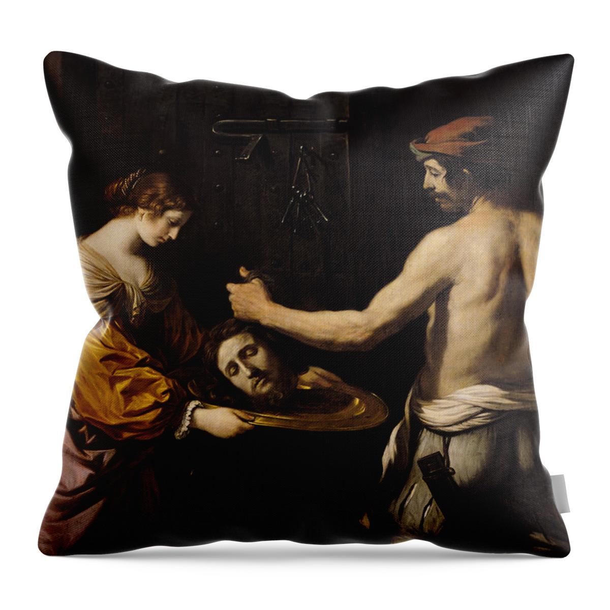 Salome Throw Pillow featuring the painting Salome Receiving the Head of St John the Baptist by Giovanni Francesco Barbieri
