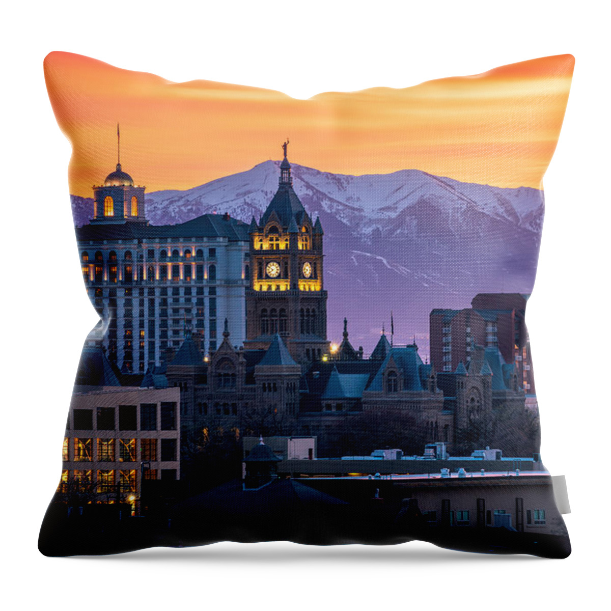 Salt Lake City Throw Pillow featuring the photograph Salt Lake City Hall at Sunset by James Udall