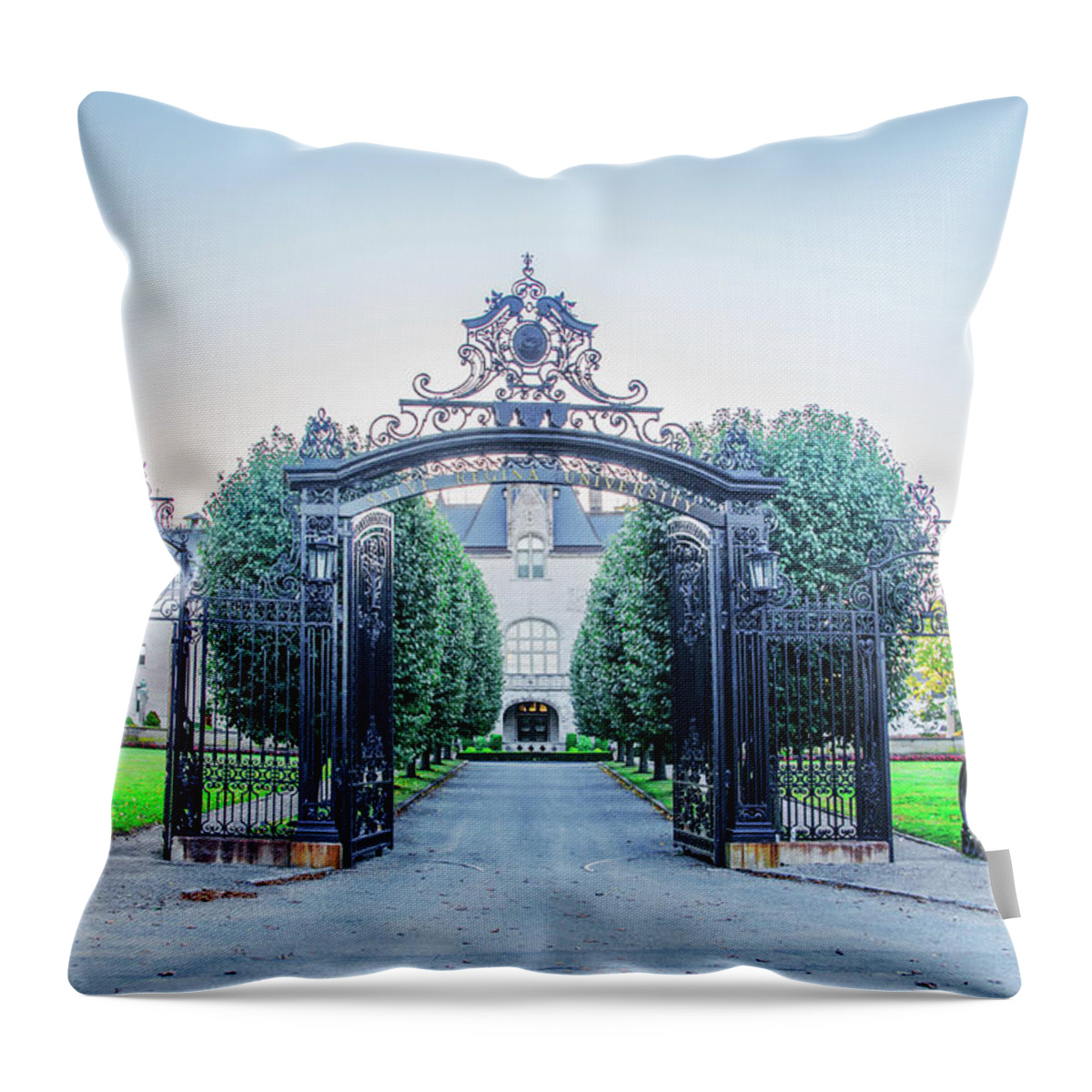 Salve Throw Pillow featuring the photograph Salve Regina Universtity Gate - New Port Rhode Island by Bill Cannon