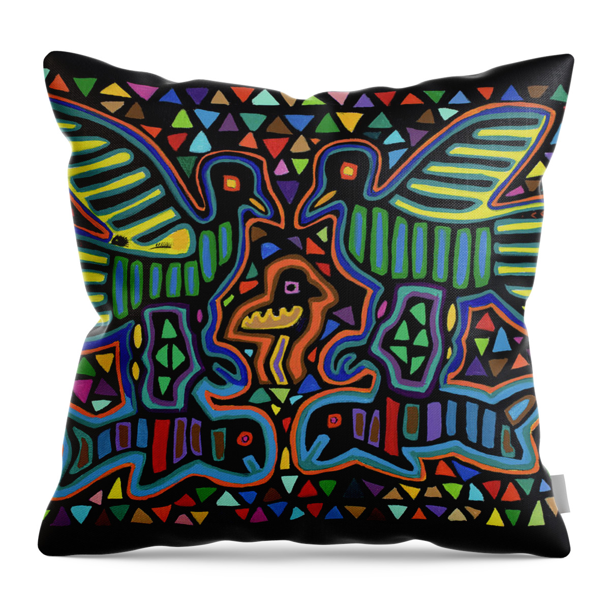 San Blas Designs Trapunto Quilts Acrylic Painting Ancient Designs Mole Primitive Painting Primitive Design Black Green Blue Yellow Throw Pillow featuring the painting San Blas III by Pat Saunders-White