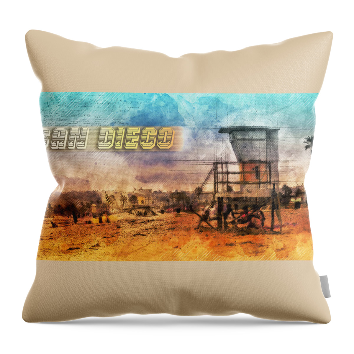 San Diego Throw Pillow featuring the mixed media San Diego Lifeguard Tower by Bryant Coffey