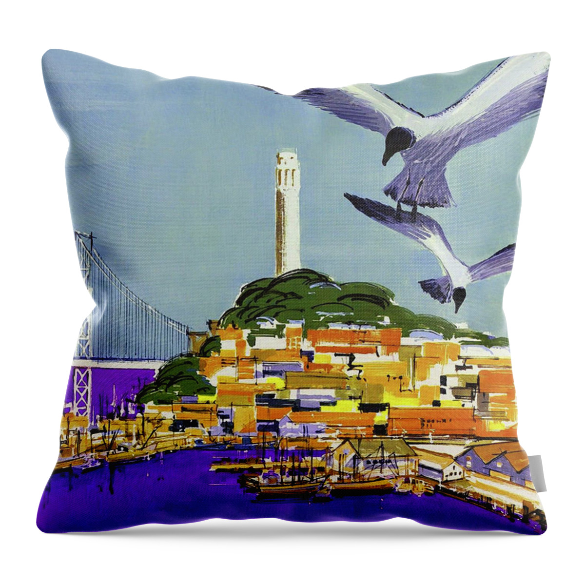 San Francisco Bay Throw Pillow featuring the painting San Francisco bay, Golden Gate bridge, travel poster by Long Shot