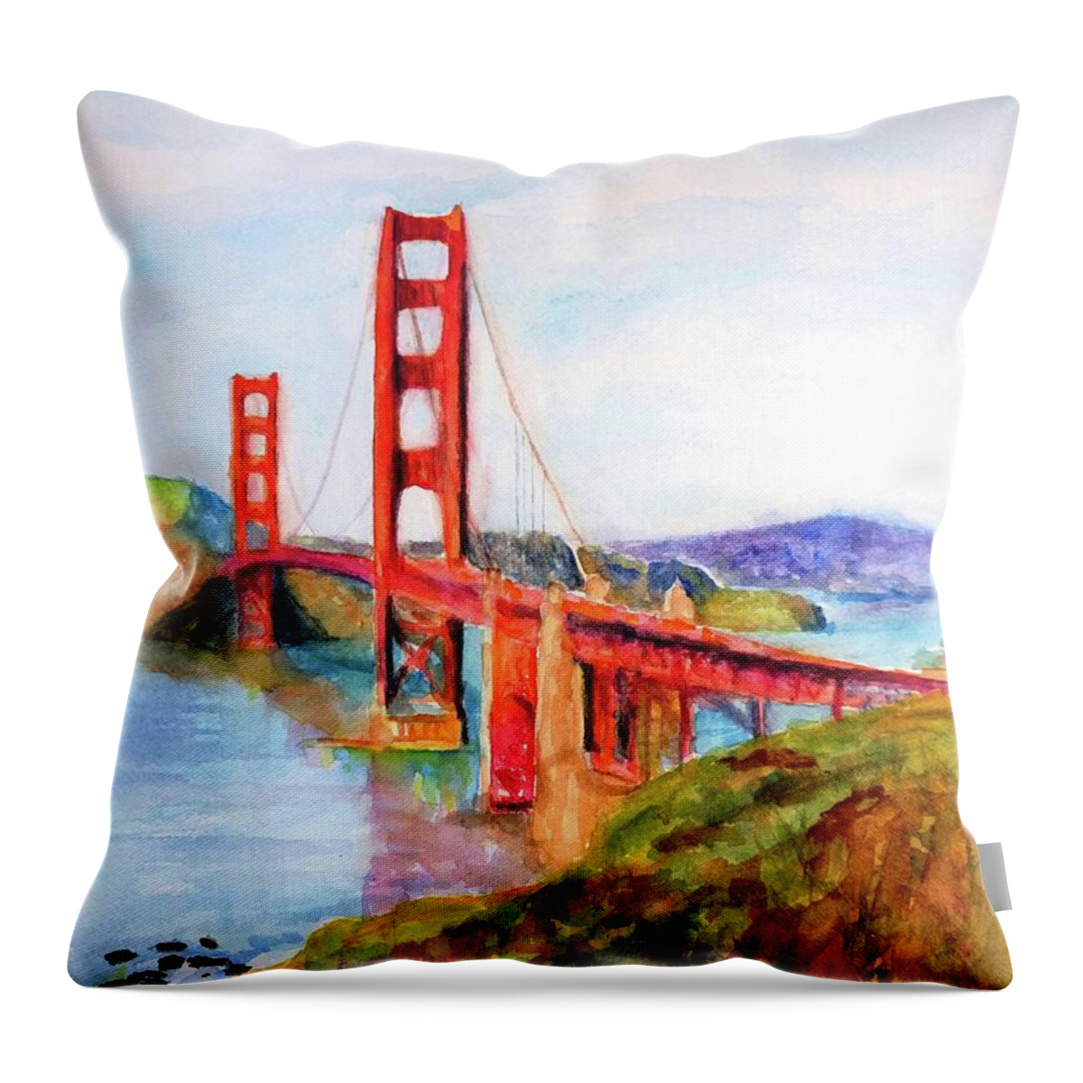 Golden Gate Bridge Throw Pillow featuring the painting San Francisco Golden Gate Bridge Impressionism by Carlin Blahnik CarlinArtWatercolor