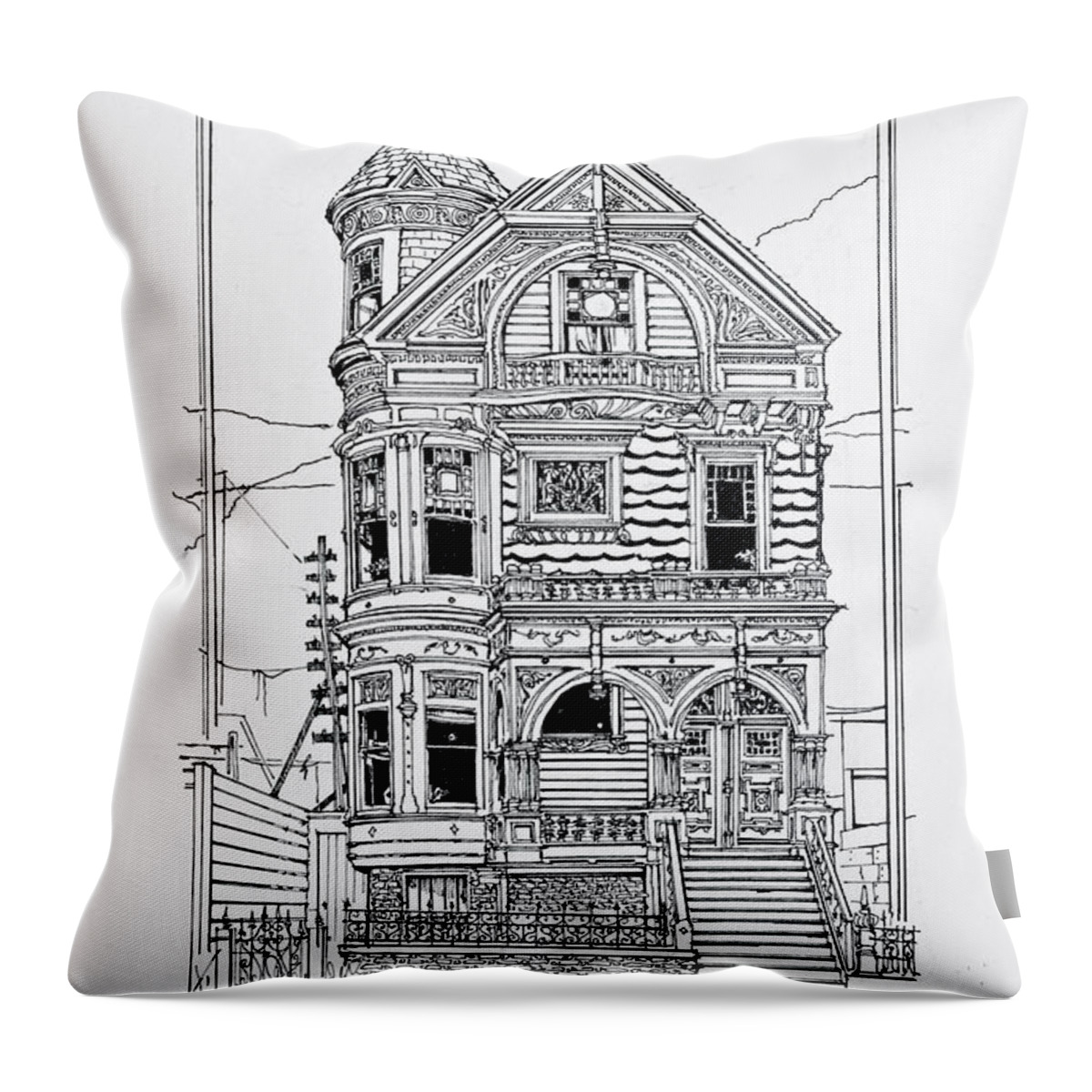 San Francisco Victorians Throw Pillow featuring the drawing San Francisco Victorians by Ira Shander