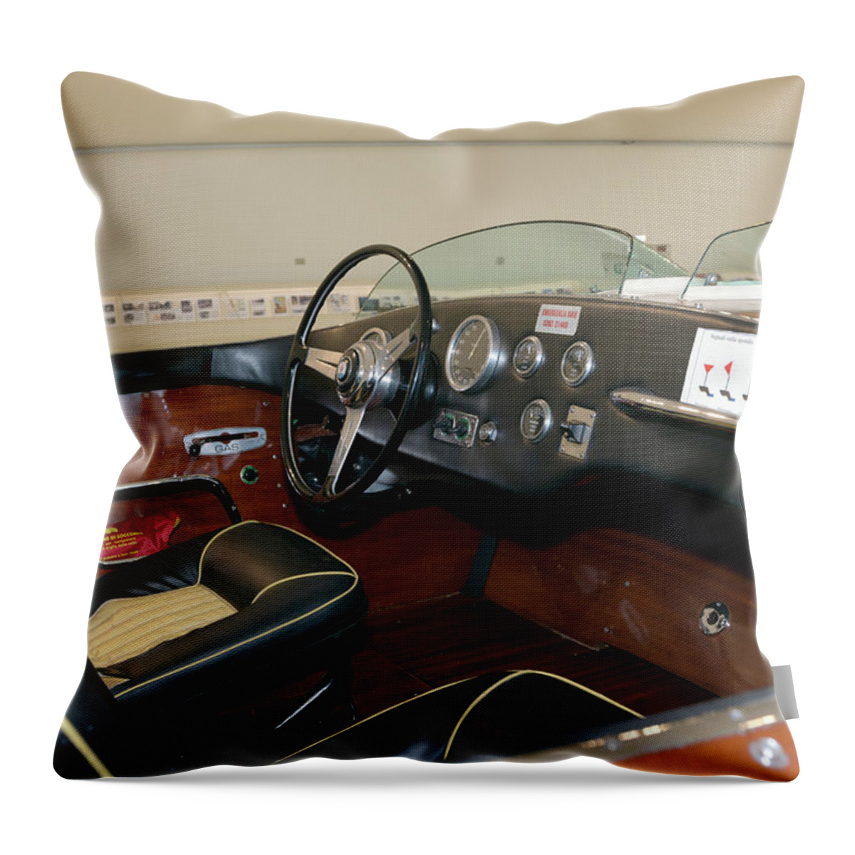 San Marco-maserati Racing Boat (1963) Cockpit Enzo Ferrari Museum Throw Pillow featuring the photograph San Marco Maserati racing boat 1963 cockpit Enzo Ferrari Museum by Paul Fearn