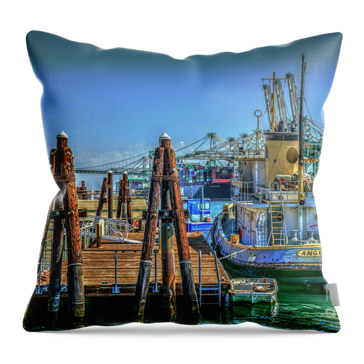 Tug Boats Throw Pillow featuring the photograph San Pedro Busy Port by David Zanzinger