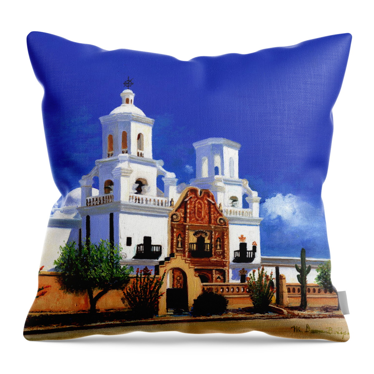 San Throw Pillow featuring the painting San Xavier Del Bac Mission by M Diane Bonaparte