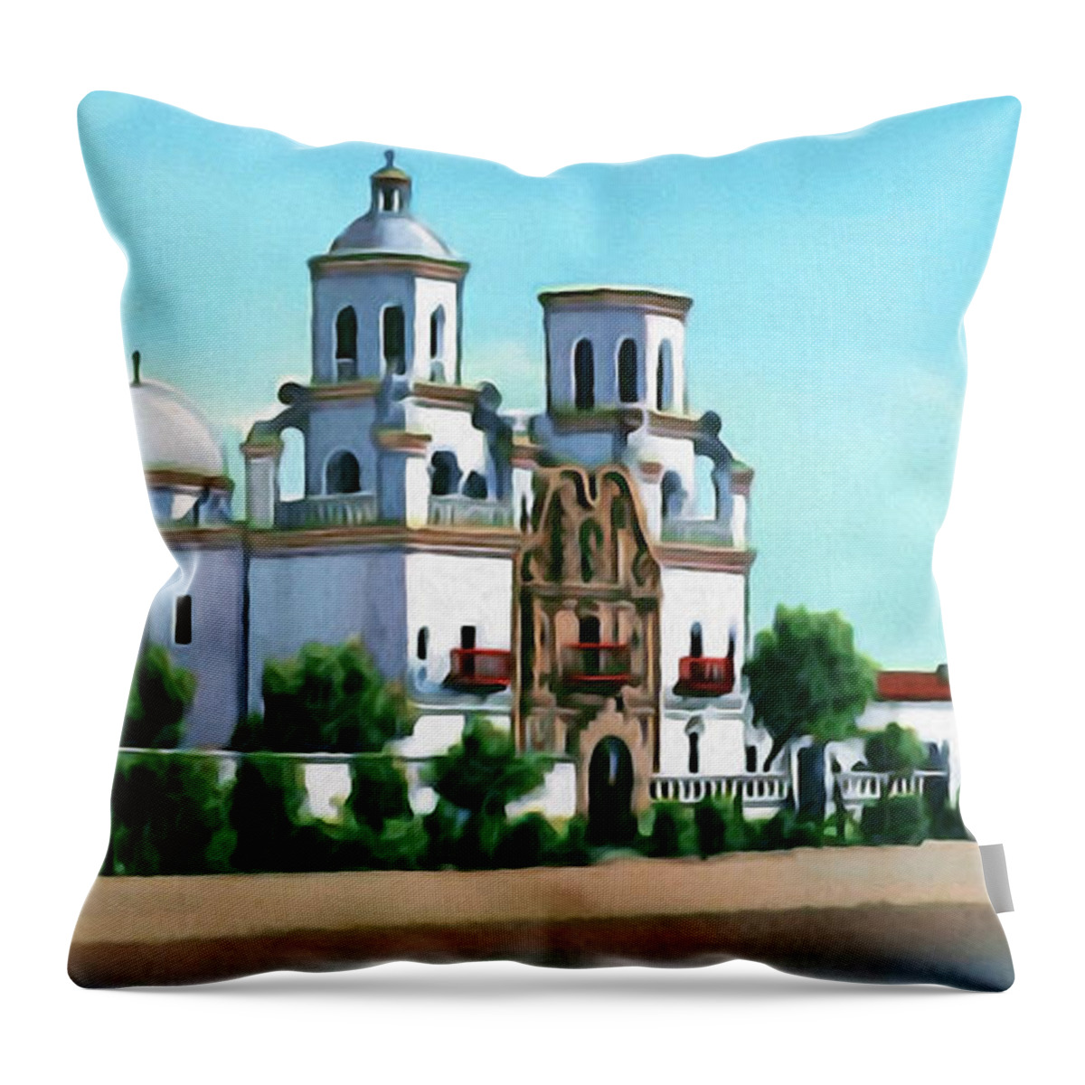Vintage Postcard Throw Pillow featuring the digital art San Xavier del Bac Mission by Walter Colvin
