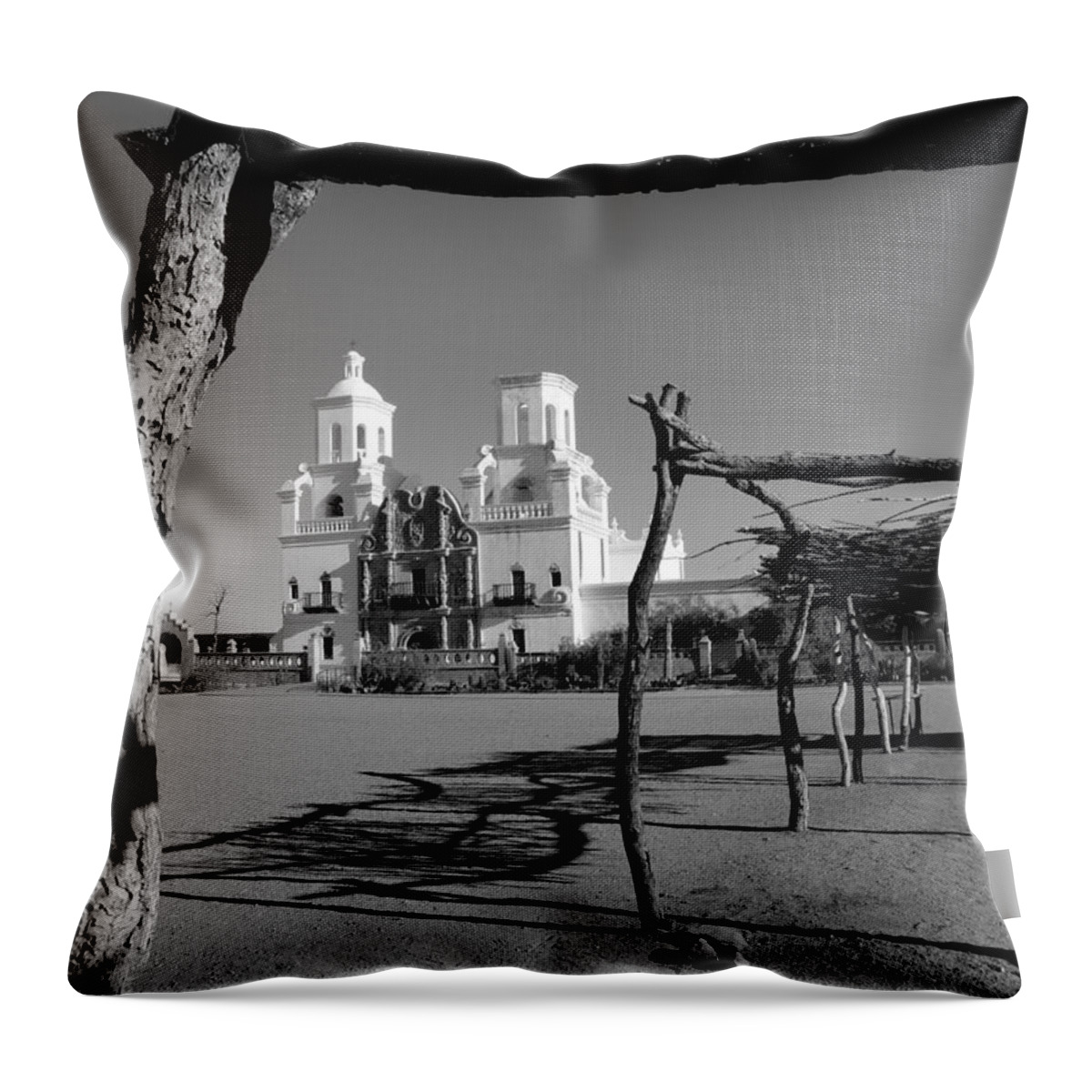 Old Throw Pillow featuring the photograph San Xavier del Bac, Monochrome by Gordon Beck