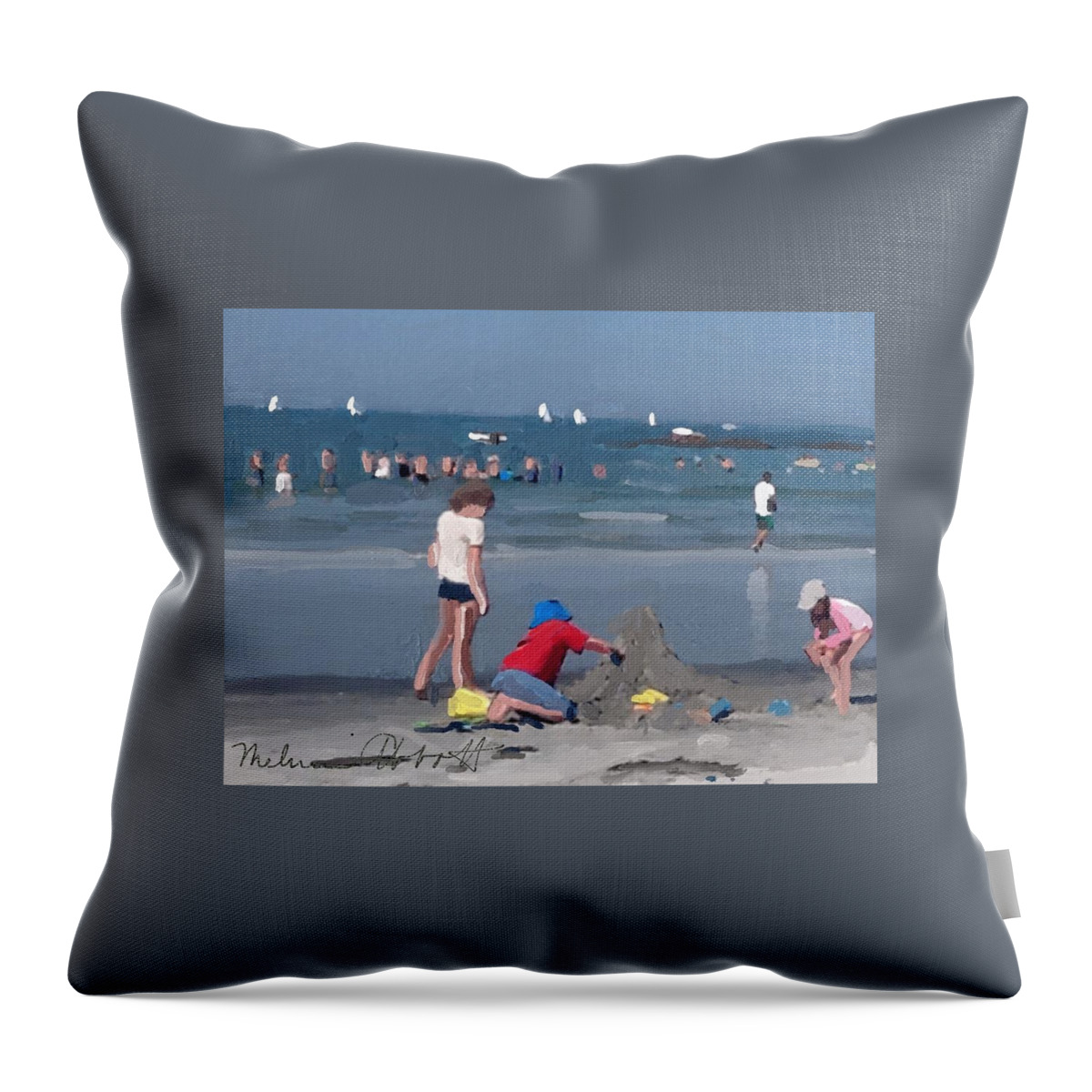 Annisquam Throw Pillow featuring the painting Sand Castle and Sailboats at Wingaersheek Beach by Melissa Abbott