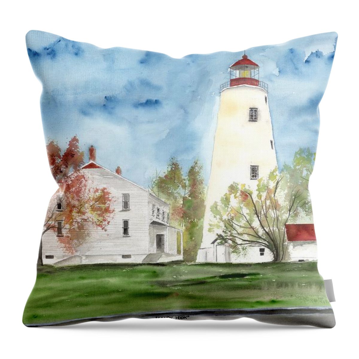 Watercolor Throw Pillow featuring the painting Sandy Hook Lighthouse by Derek Mccrea