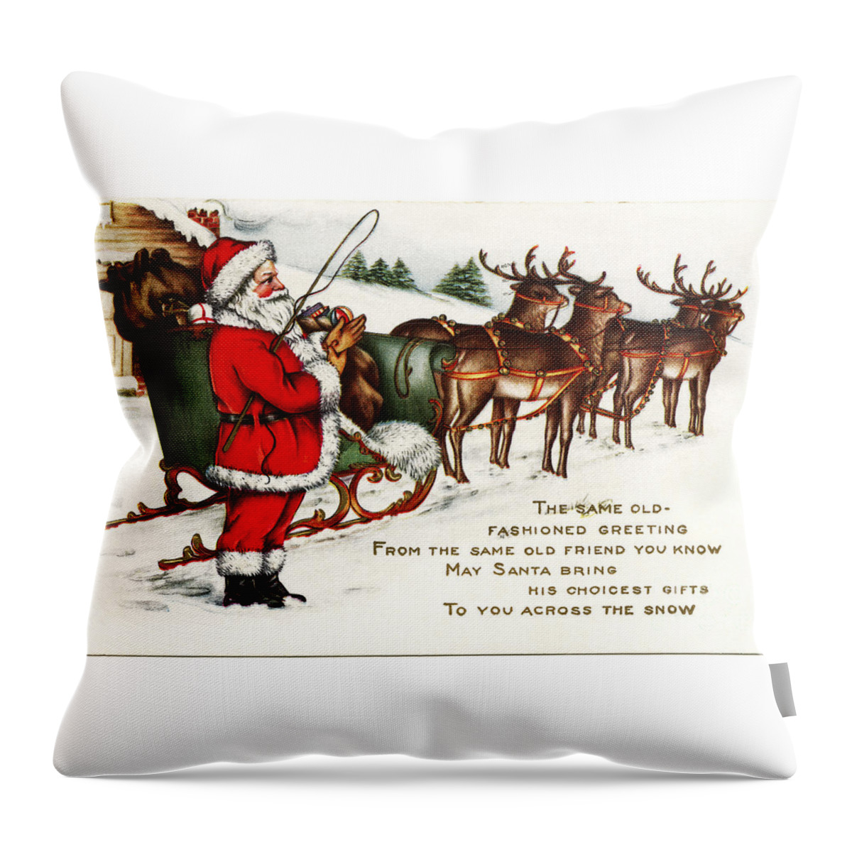 Santa And His Reindeer Greetings Merry Christmas Throw Pillow featuring the painting Santa and his reindeer greetings merry christmas by Vintage Collectables