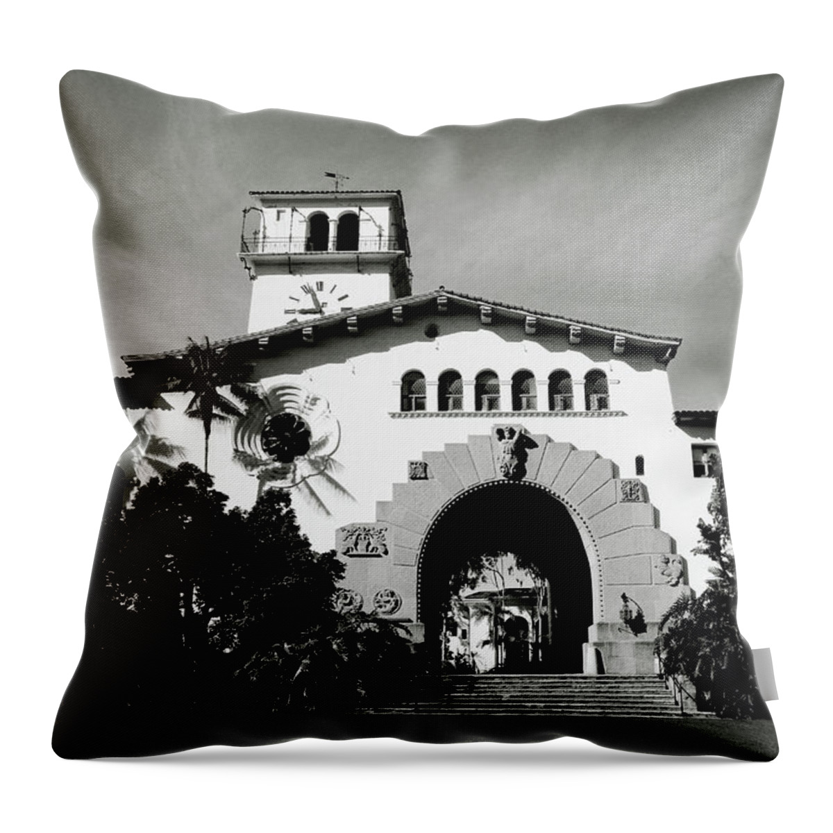 Santa Barbara Throw Pillow featuring the mixed media Santa Barbara Courthouse Black And White-by Linda Woods by Linda Woods
