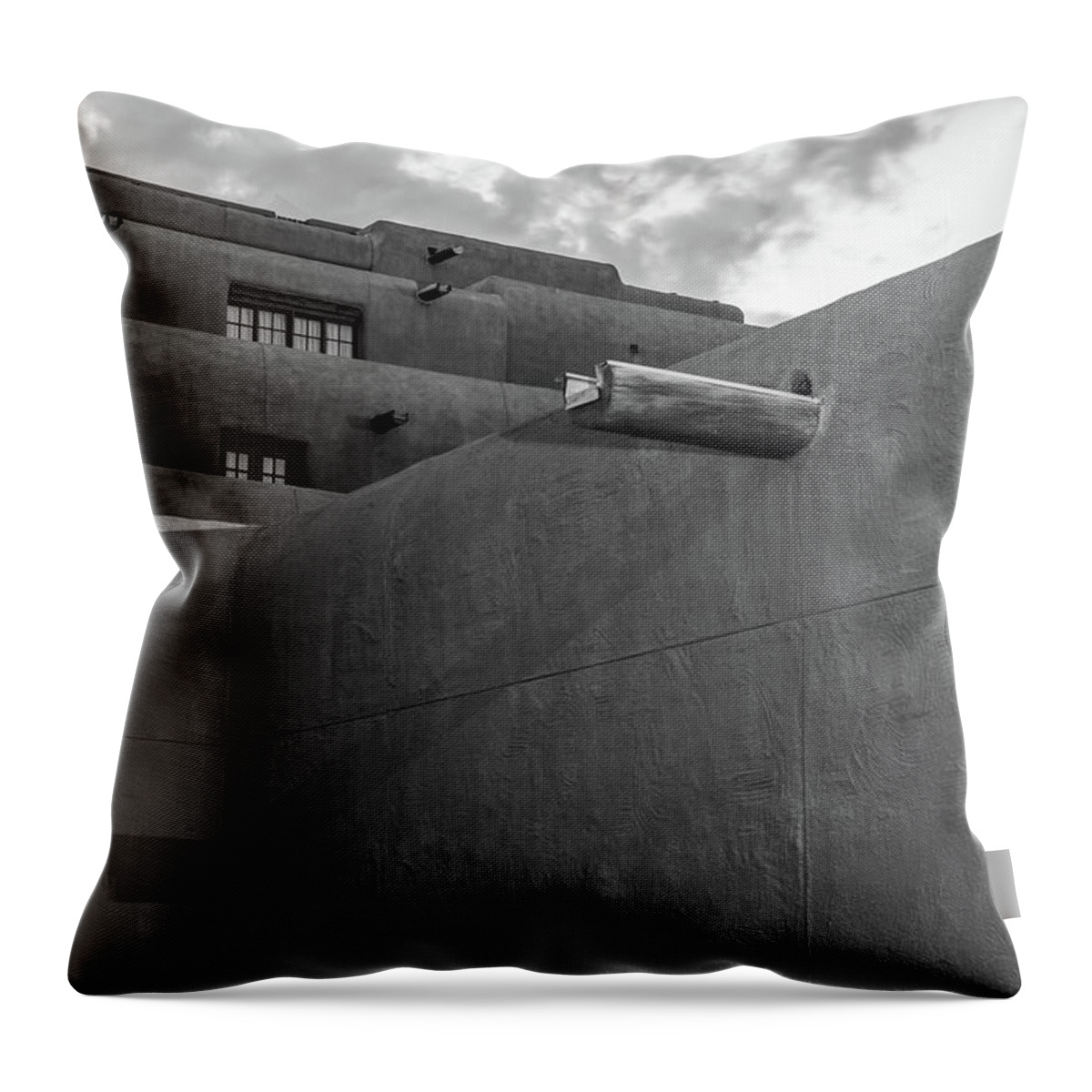America Throw Pillow featuring the photograph Santa Fe Spanish Pueblo Style Architecture Cityscape - Black and White Edition by Gregory Ballos