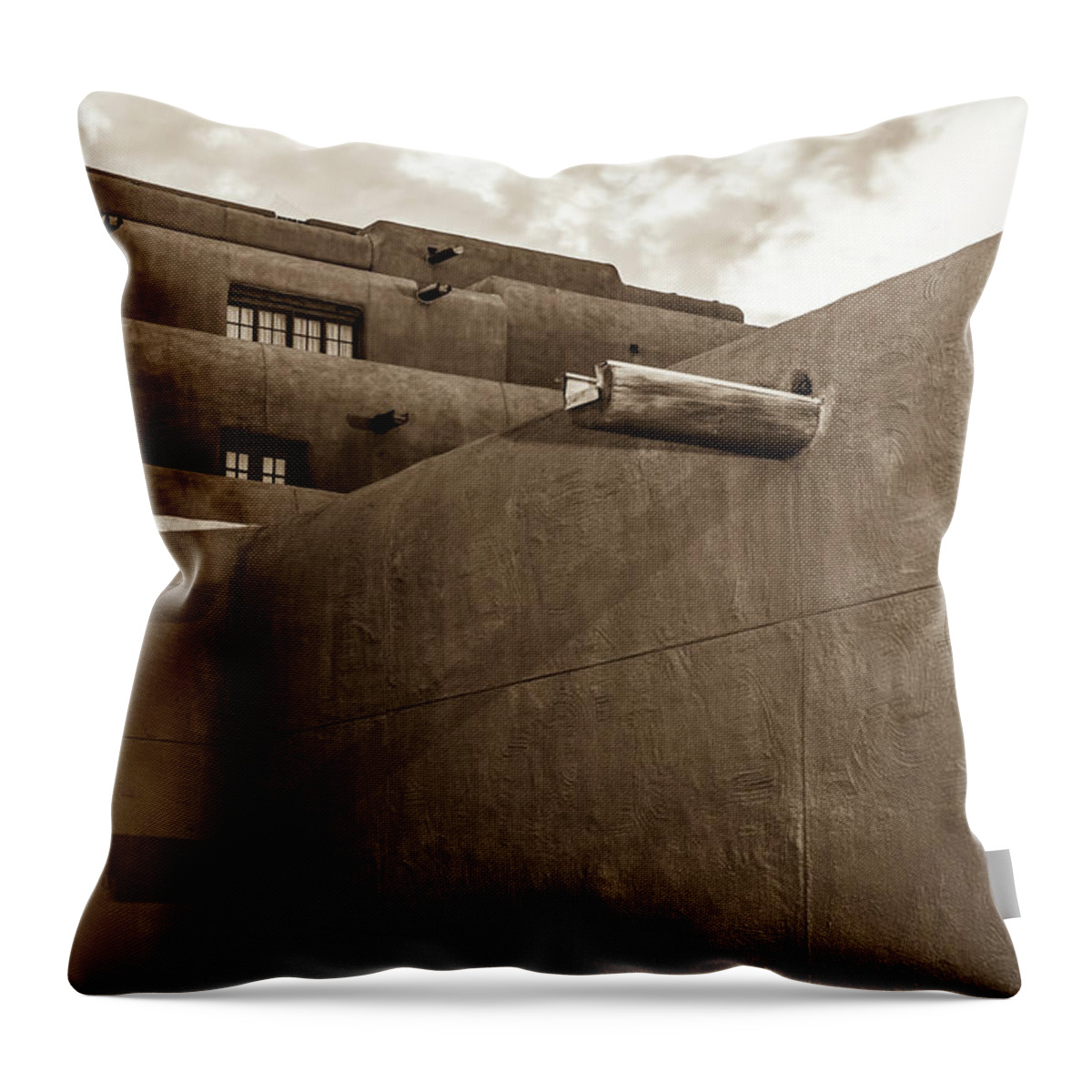 America Throw Pillow featuring the photograph Santa Fe Spanish Pueblo Style Architecture Cityscape - Sepia Edition by Gregory Ballos