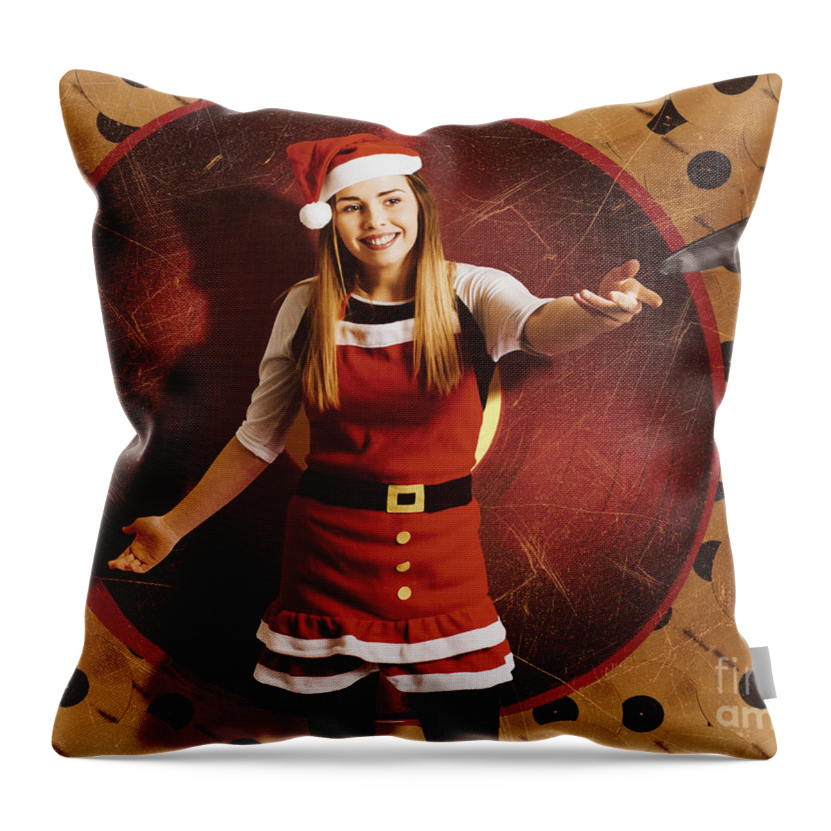 Disco Throw Pillow featuring the photograph Santa woman spinning christmas music at club by Jorgo Photography