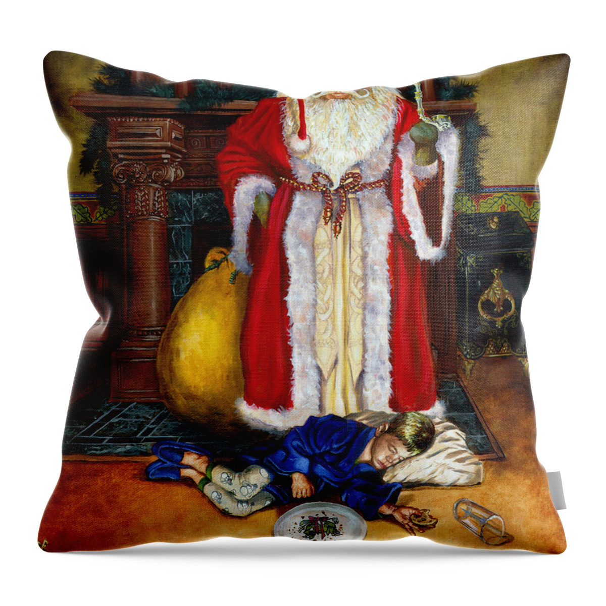 Christmas Throw Pillow featuring the painting Santas Littlest Helper by Jeff Brimley