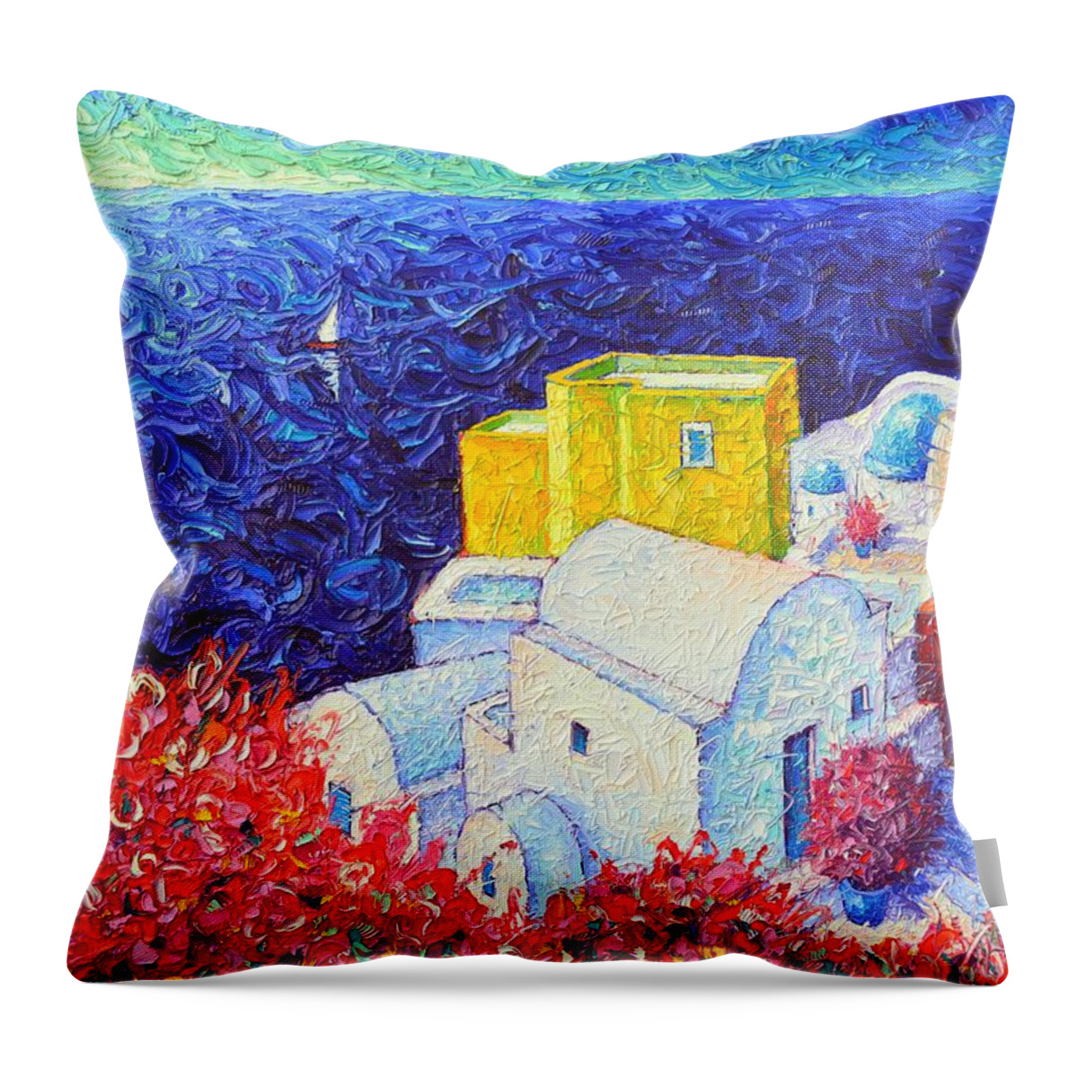 Santorini Throw Pillow featuring the painting SANTORINI OIA COLORS modern impressionist impasto palette knife oil painting by ANA MARIA EDULESCU by Ana Maria Edulescu
