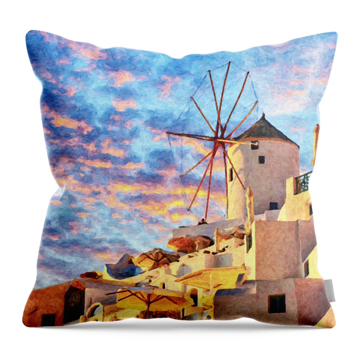 Digital Throw Pillow featuring the painting Santorini Windmill at Oia Digital Painting by Antony McAulay