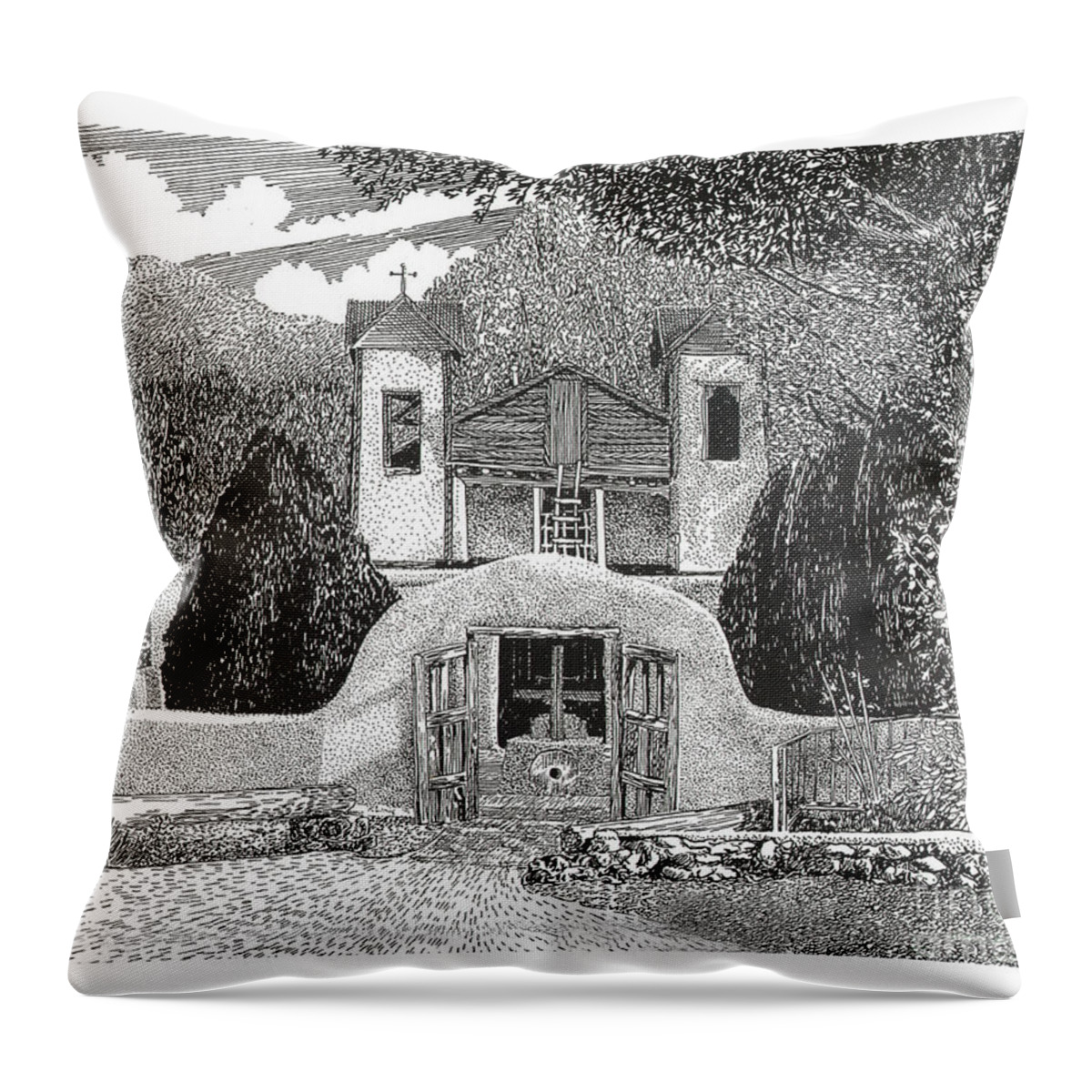 In The Early 19th Century Throw Pillow featuring the drawing Santuario de Chimayo by Jack Pumphrey