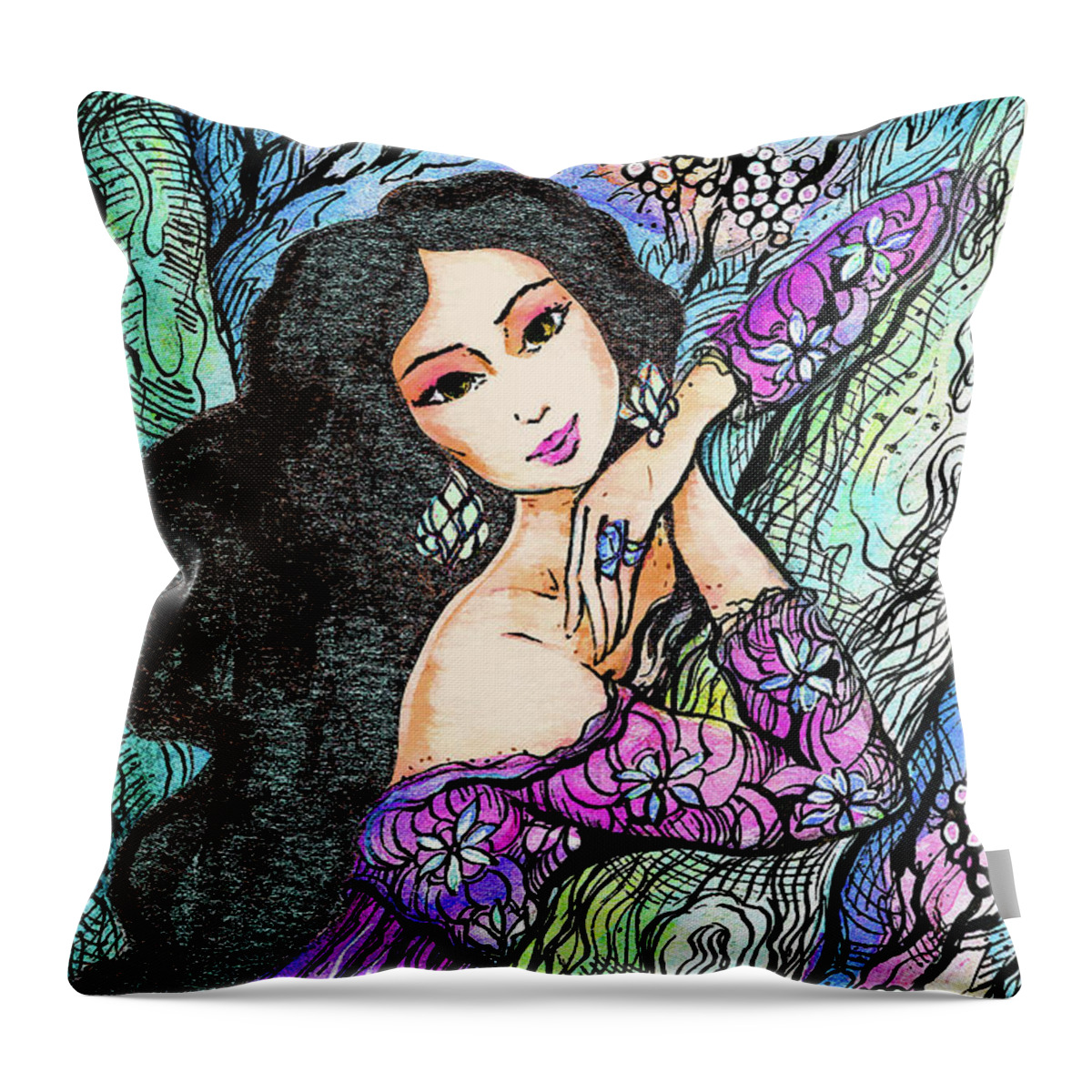 Beautiful Woman Throw Pillow featuring the painting Sapphire Forest by Eva Campbell