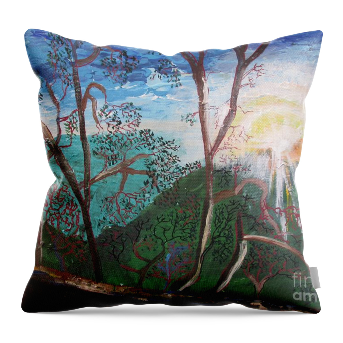 Sunrise Throw Pillow featuring the painting Sariska Sunrise by Jennylynd James