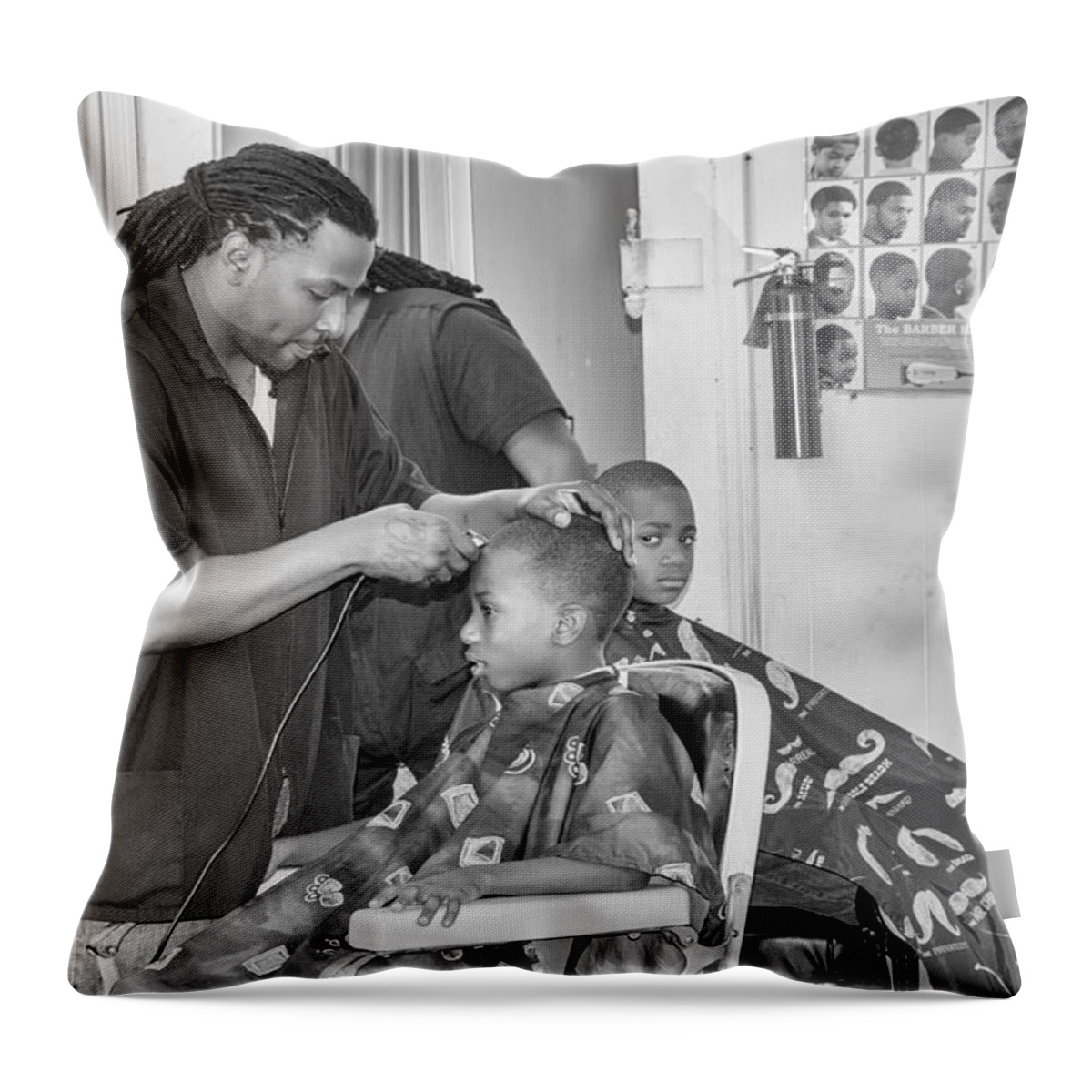 Haircut Throw Pillow featuring the photograph Saturday morning at Joe's Barbershop by Patricia Schaefer