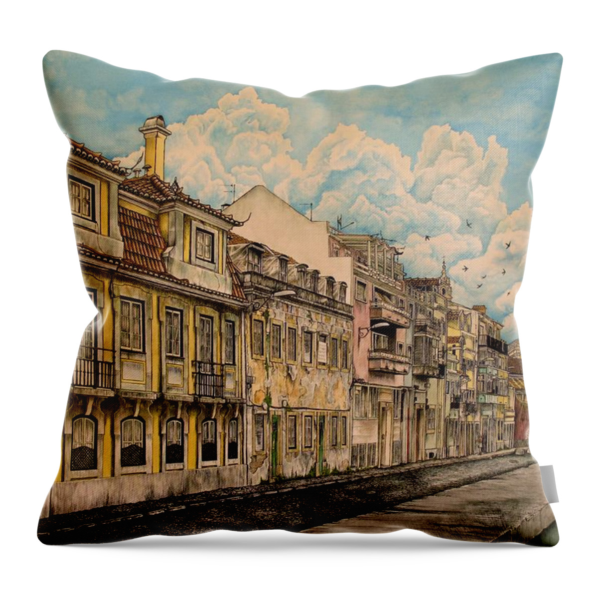 Rua Ciro Throw Pillow featuring the painting Saudade/ The Swallows of Lisbon by Caleb Hamm