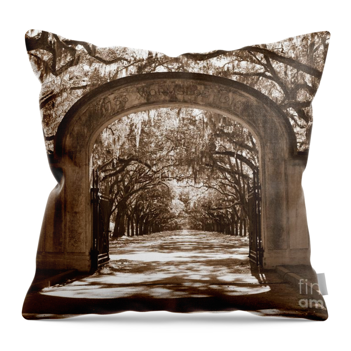 Savannah Throw Pillow featuring the photograph Savannaha Sepia - Wormsloe Plantation Gate by Carol Groenen