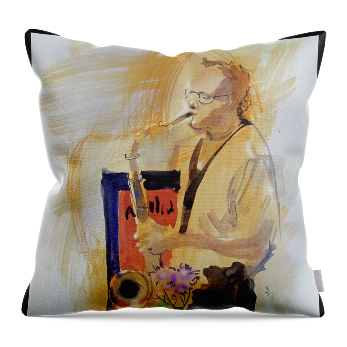Musician Throw Pillow featuring the painting Sax Man by Gertrude Palmer