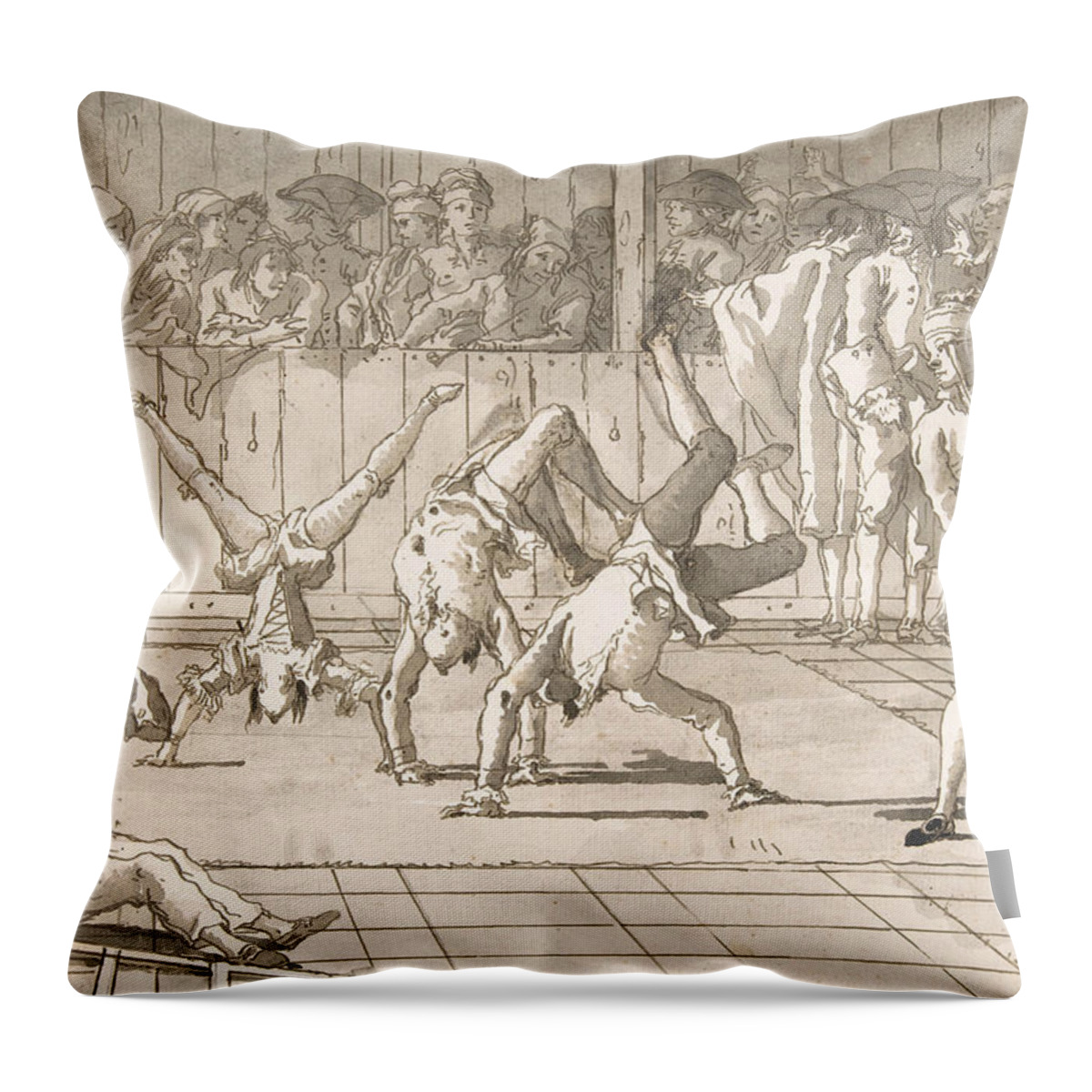 18th Century Art Throw Pillow featuring the drawing Scene of Contemporary Life - The Acrobats by Giovanni Domenico Tiepolo