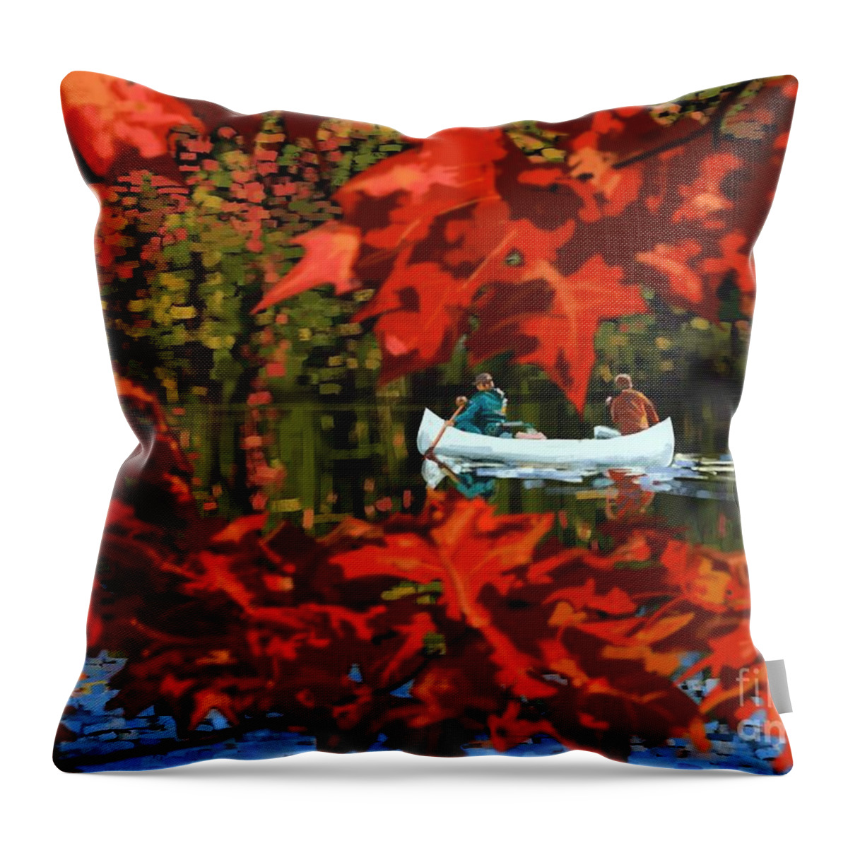 Fall Throw Pillow featuring the painting Scenic Autumn canoe by Sassan Filsoof