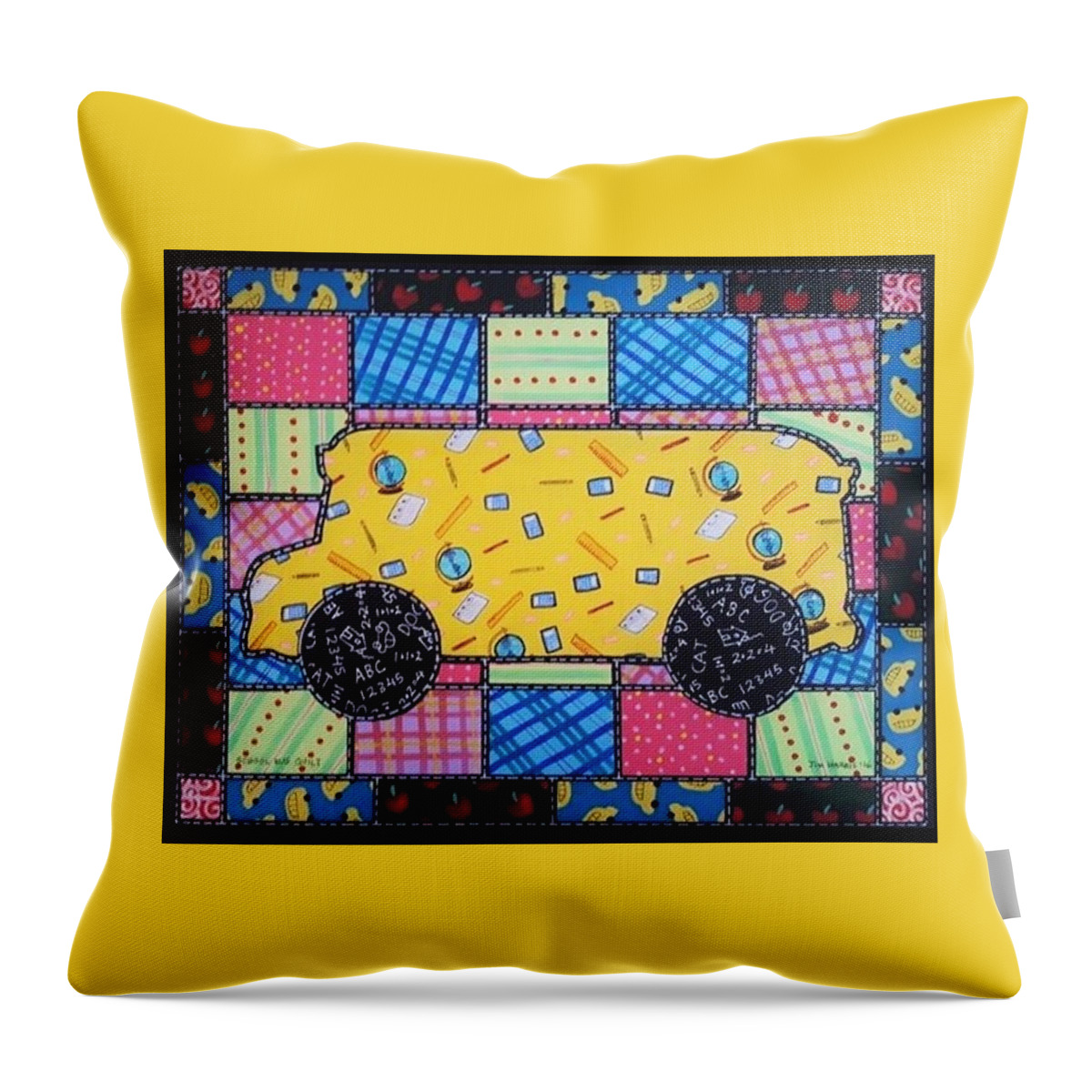 Bus Throw Pillow featuring the painting School Bus Quilt by Jim Harris