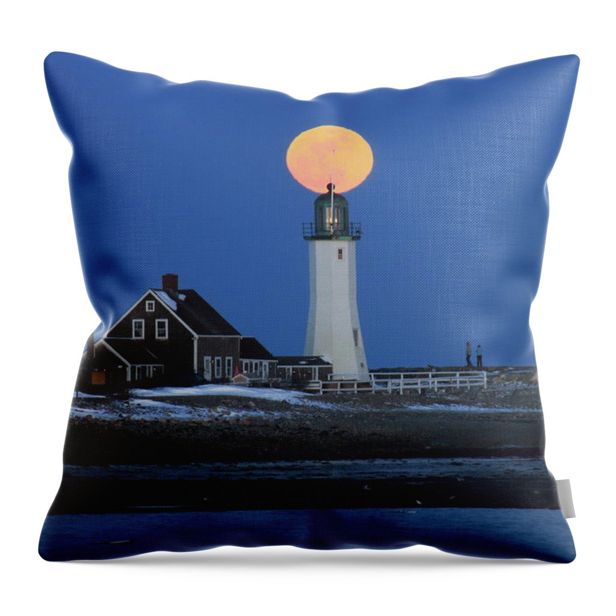 Lighthouse Throw Pillow featuring the photograph Scituate Lighthouse Snow Moon by John Burk
