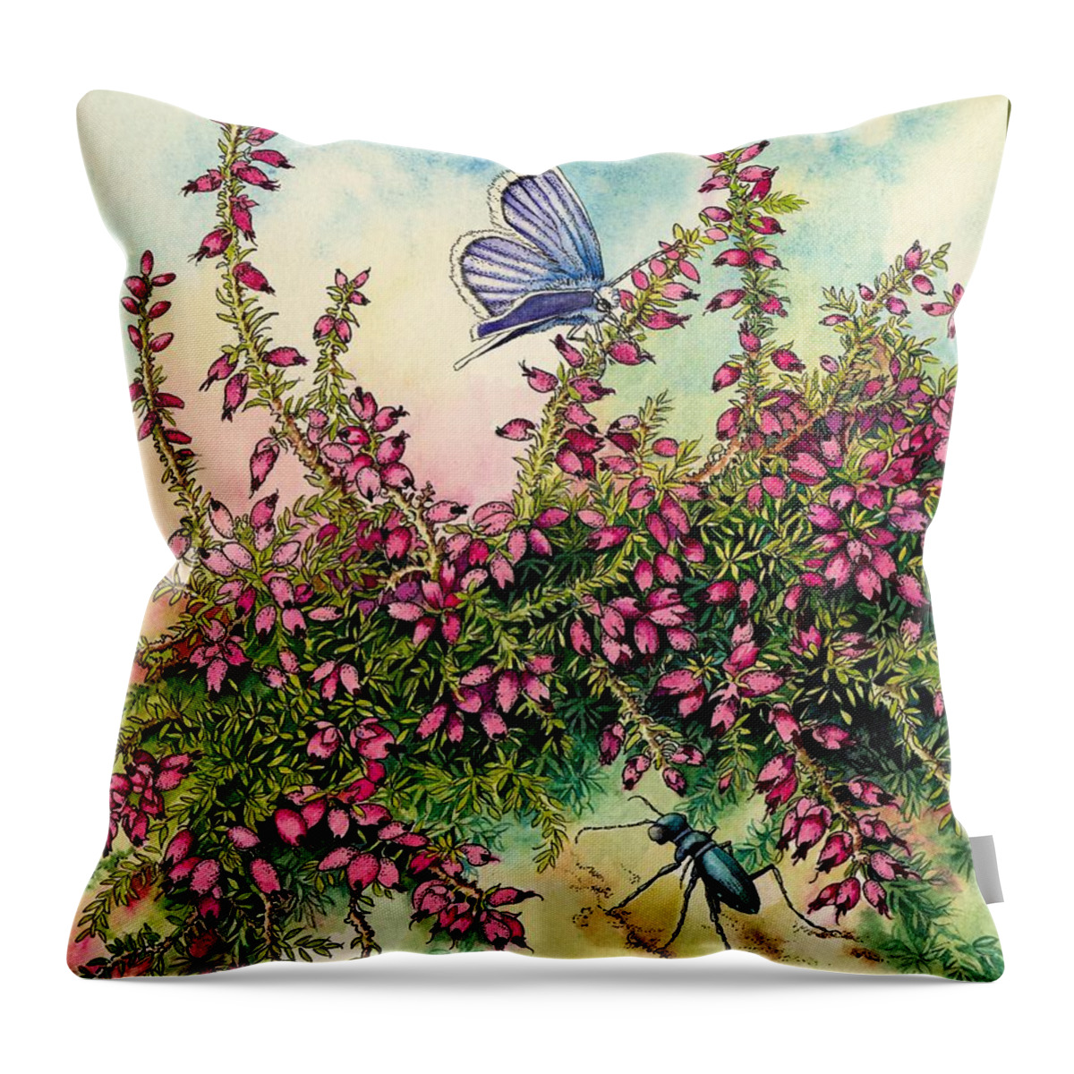 Heather Throw Pillow featuring the painting Scottish Heather, Carabid Beetle, and Silver-studded Blue by Lynne Henderson
