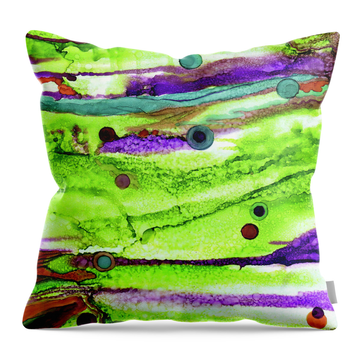Abstract Lime Purple Bubbles Mystical Fantasy Vibrant Colorful Scotland Scottish Heather Thistle Throw Pillow featuring the painting Scottish Spring by Brenda Salamone