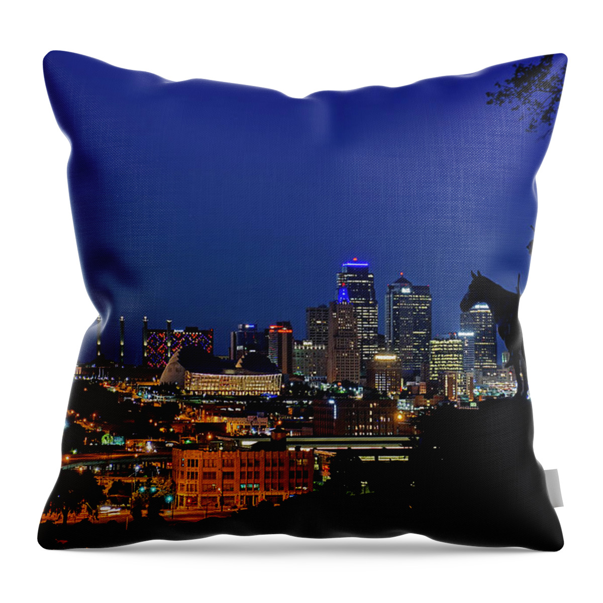 Scout Throw Pillow featuring the photograph Scout and Kansas City Skyline by Alan Hutchins