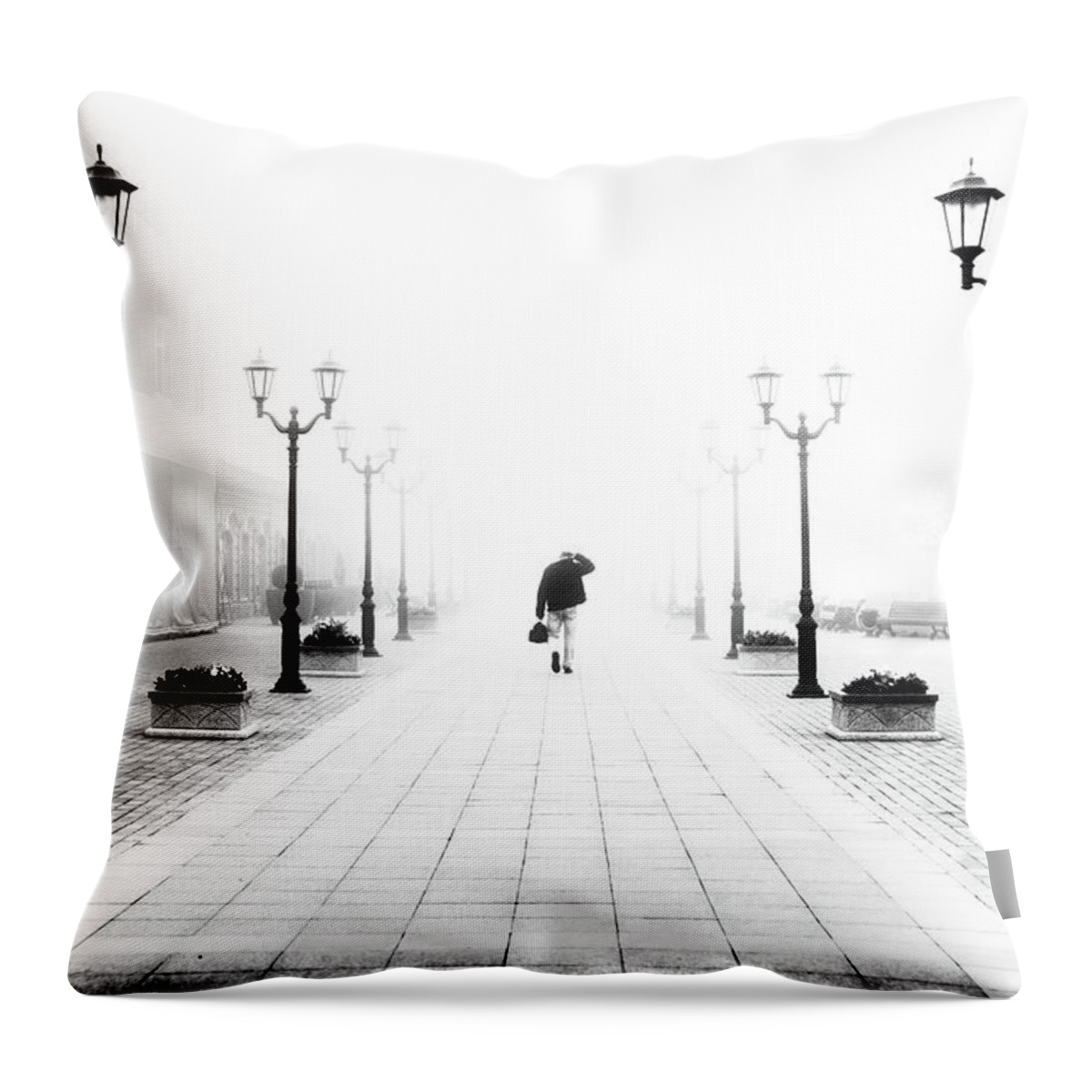 Man Walking Fog Throw Pillow featuring the photograph Scratched Head in the Fog by John Williams