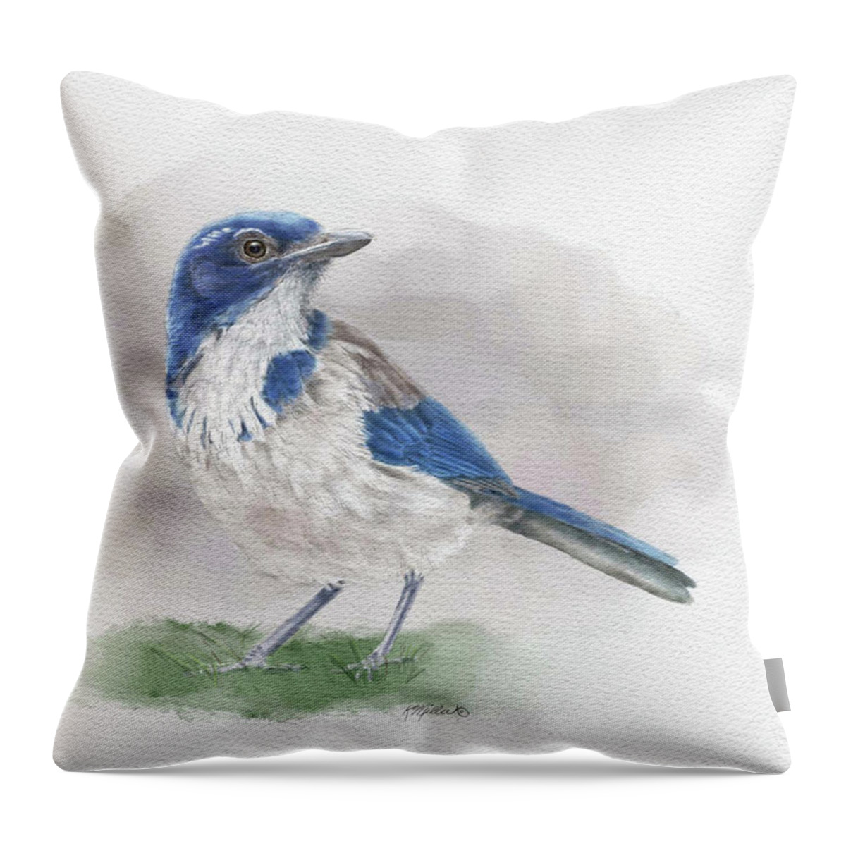 Scrub Jay Throw Pillow featuring the painting Scrub Jay by Kathie Miller