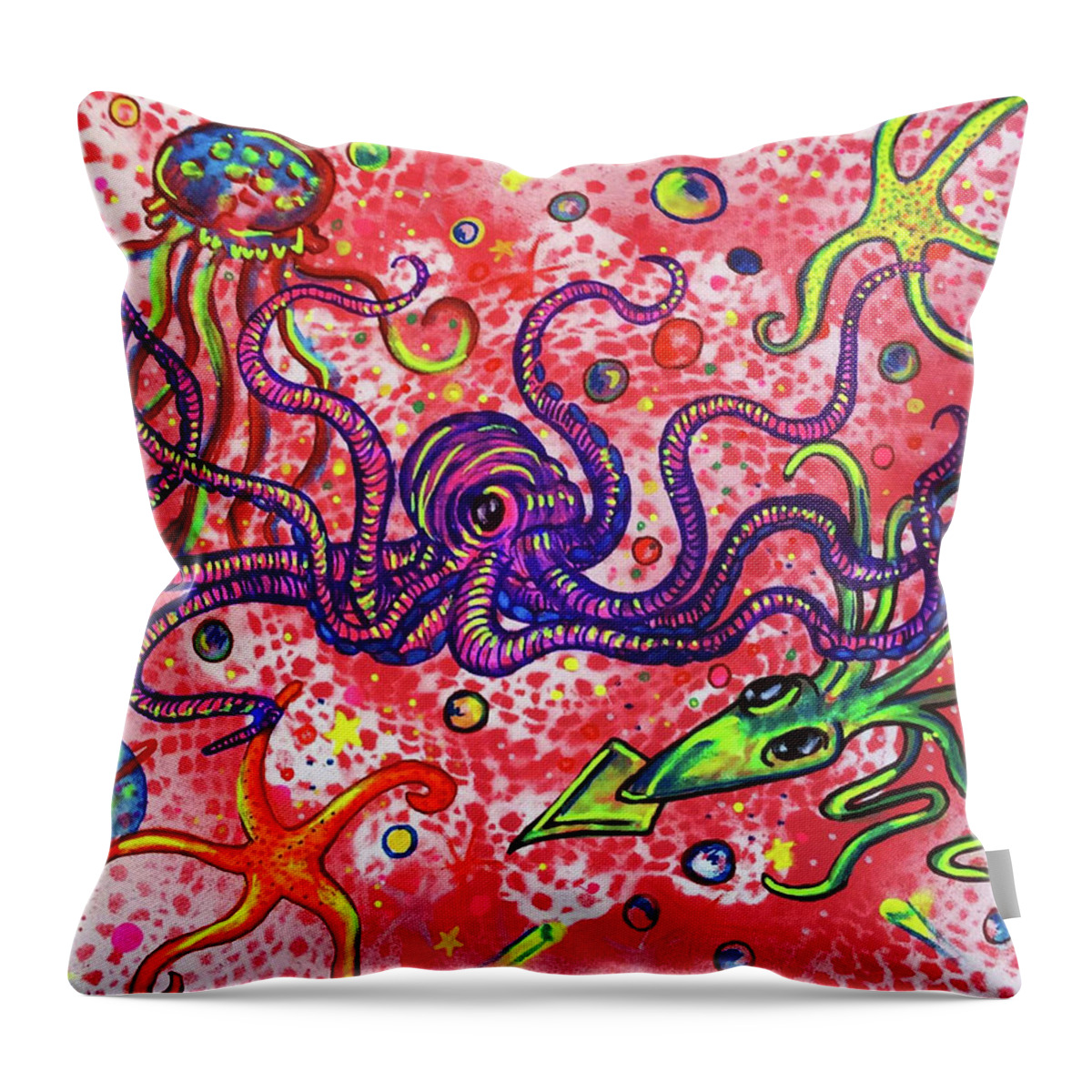Octopus Critters Creature Lace Spray Paint Acrylic Bright Neon Squid Plants Jellyfish Starfish Planetary Bubbles Psychedelic Groovy Colors Colorful Throw Pillow featuring the painting Sea Critters by Lori Teich