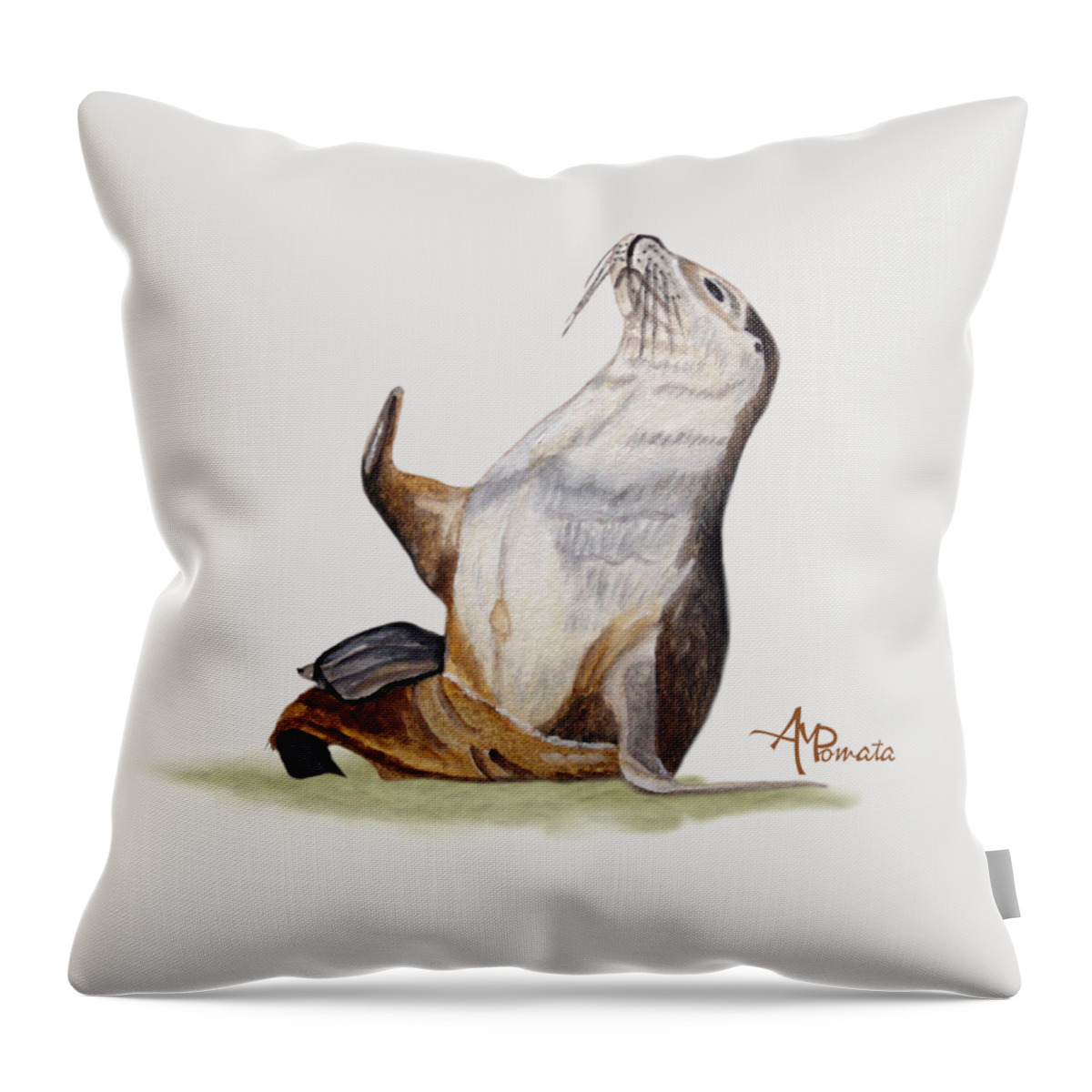 Sea Lion Throw Pillow featuring the painting Sea Lion Watercolor II by Angeles M Pomata