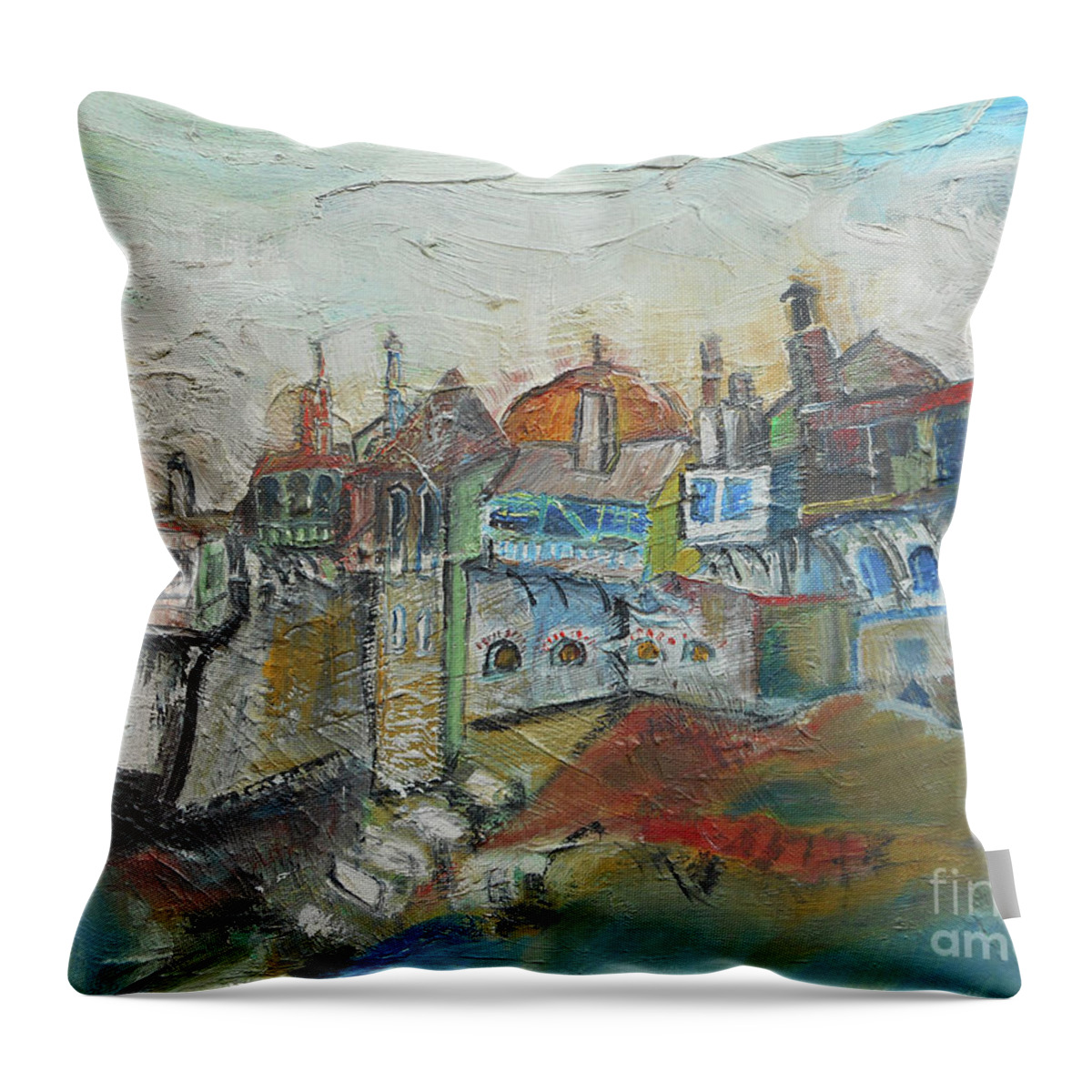 One Of My Very First Oil Paintings At Age 14: The Sea Has Always Been My Favorite Theme As I Have Always Lived Next To It Since My Childhood! Throw Pillow featuring the painting Sea Shore Village by Katerina Stamatelos