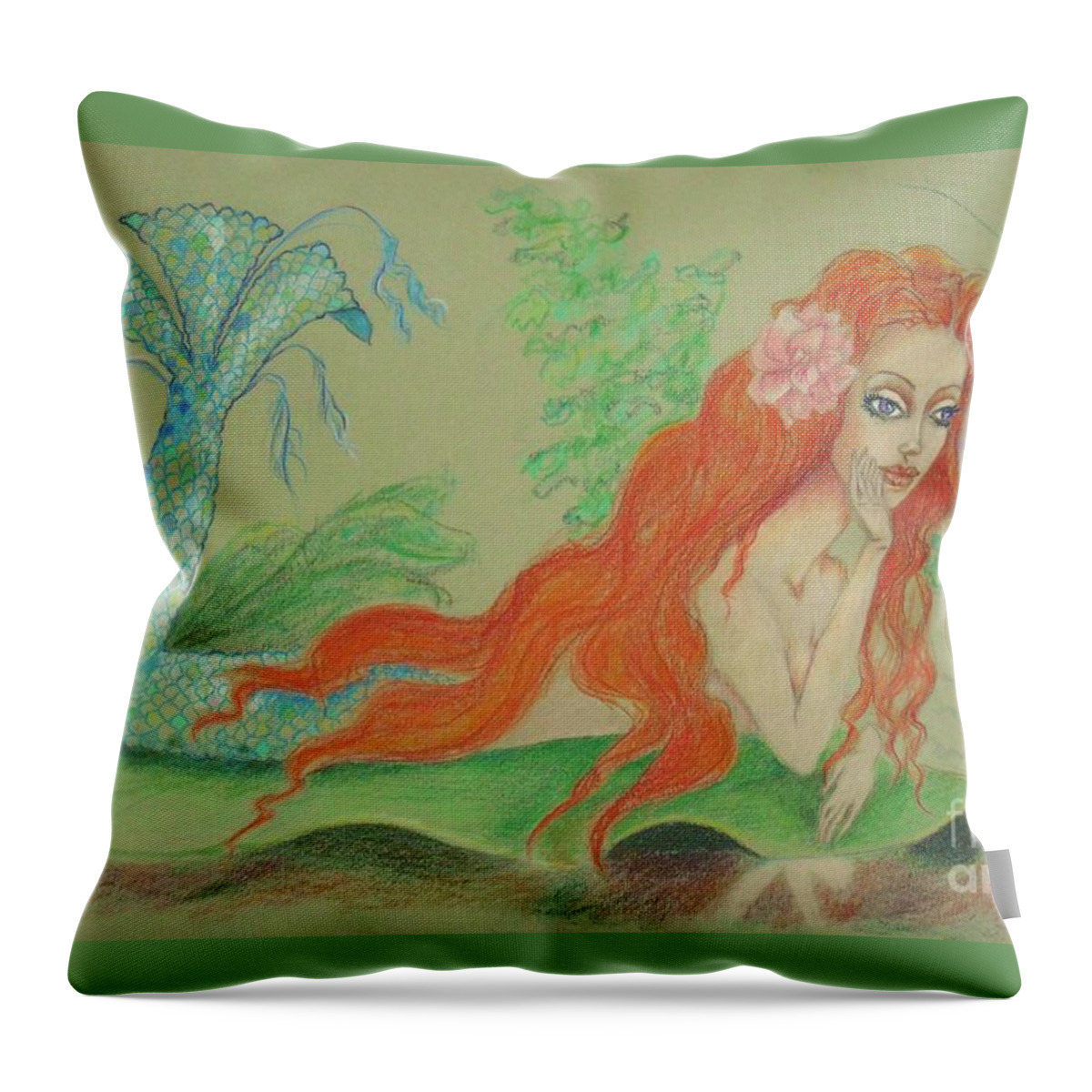 Mermaid Throw Pillow featuring the drawing Sea Siren, Resting -- Whimsical Mermaid Drawing by Jayne Somogy