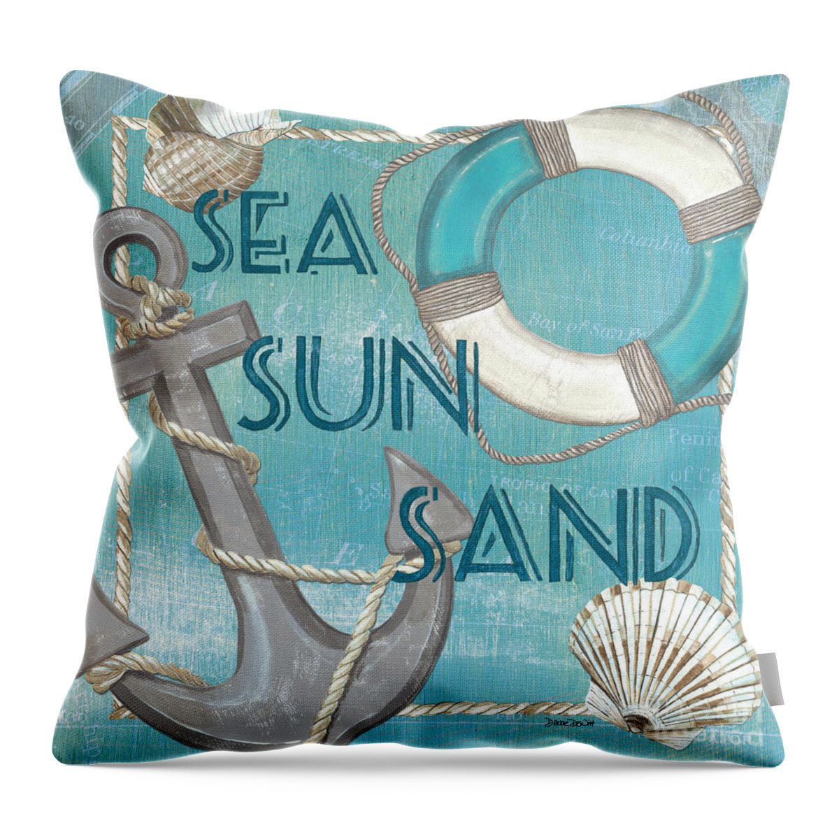 Sun Throw Pillow featuring the painting Sea Sun Sand by Debbie DeWitt